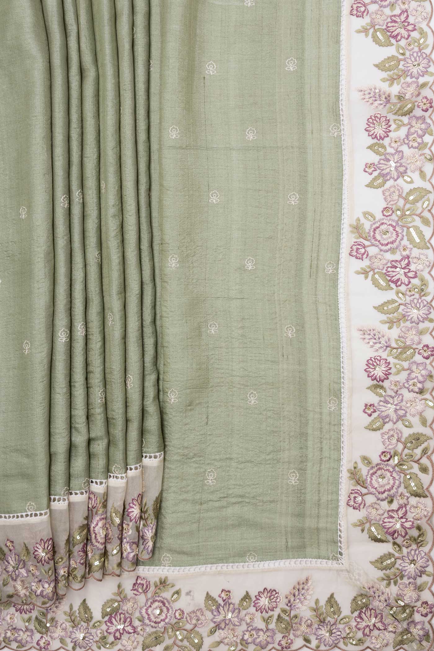 Sage Green Tussar Silk Saree - Image 4