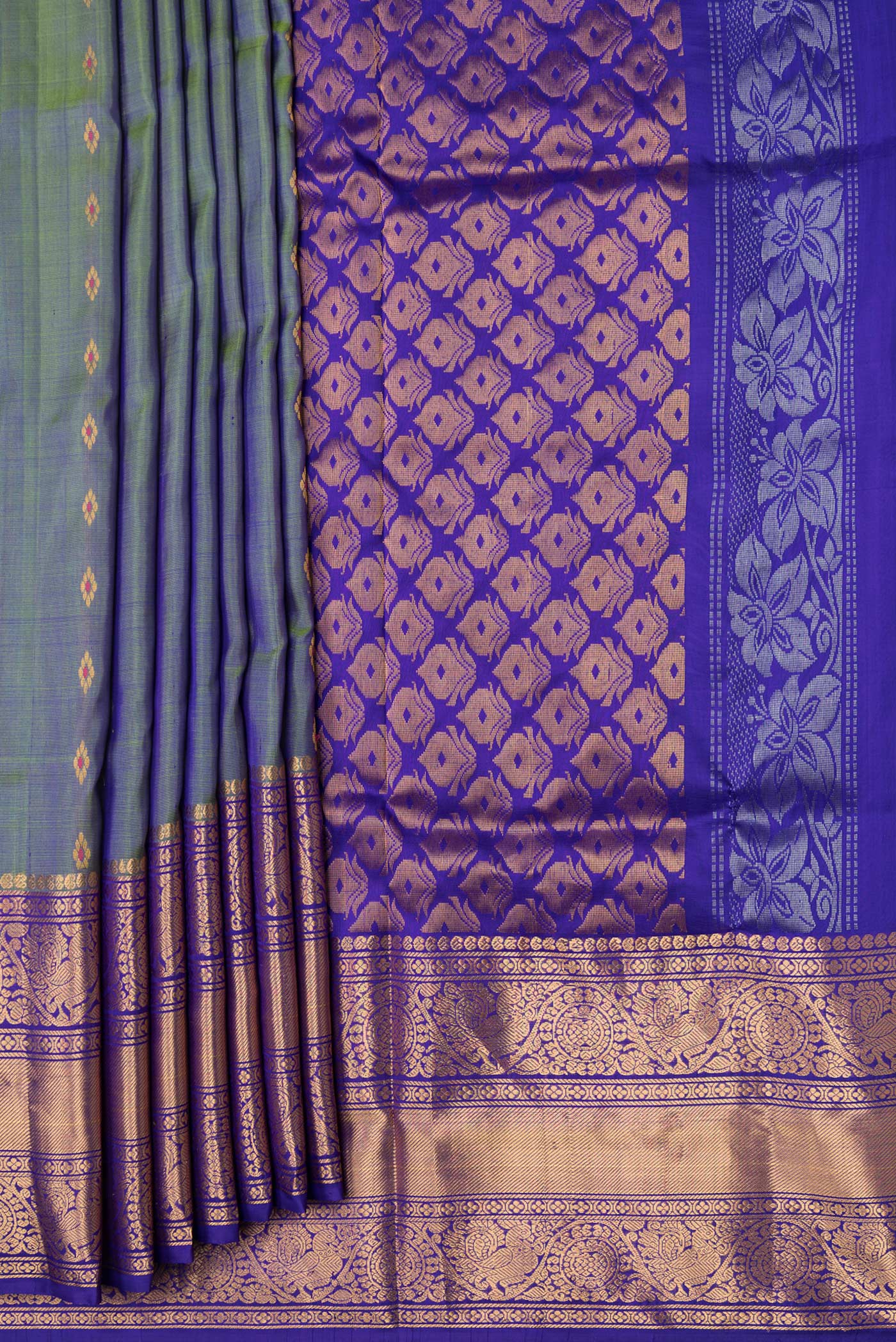 Green with Blue Color Uppada Silk Saree - Image 4