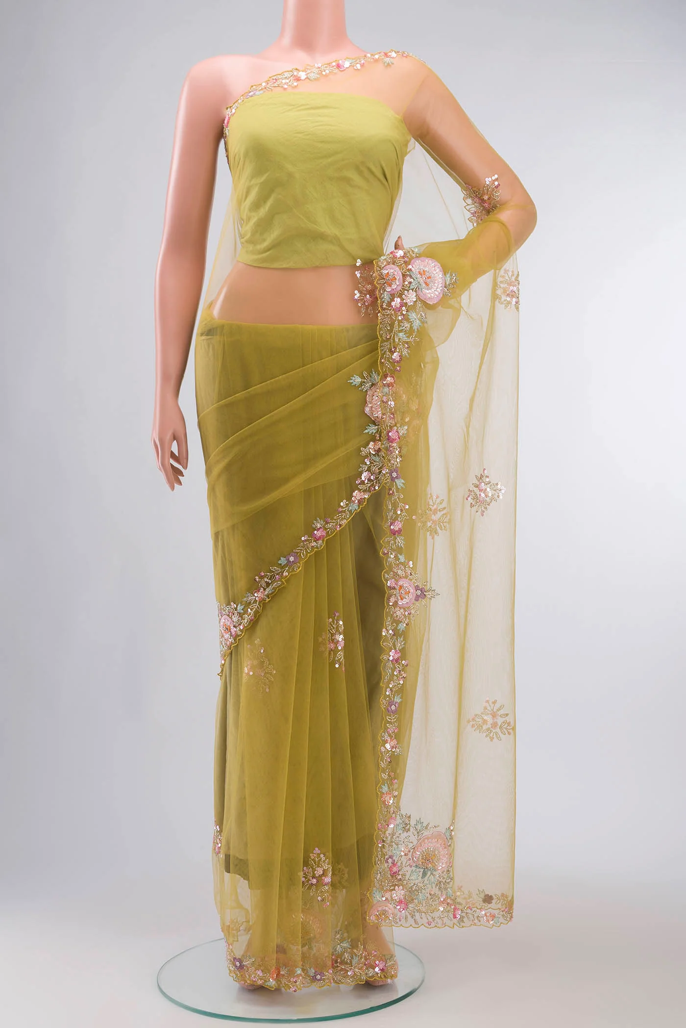Green Embroidery Net Saree