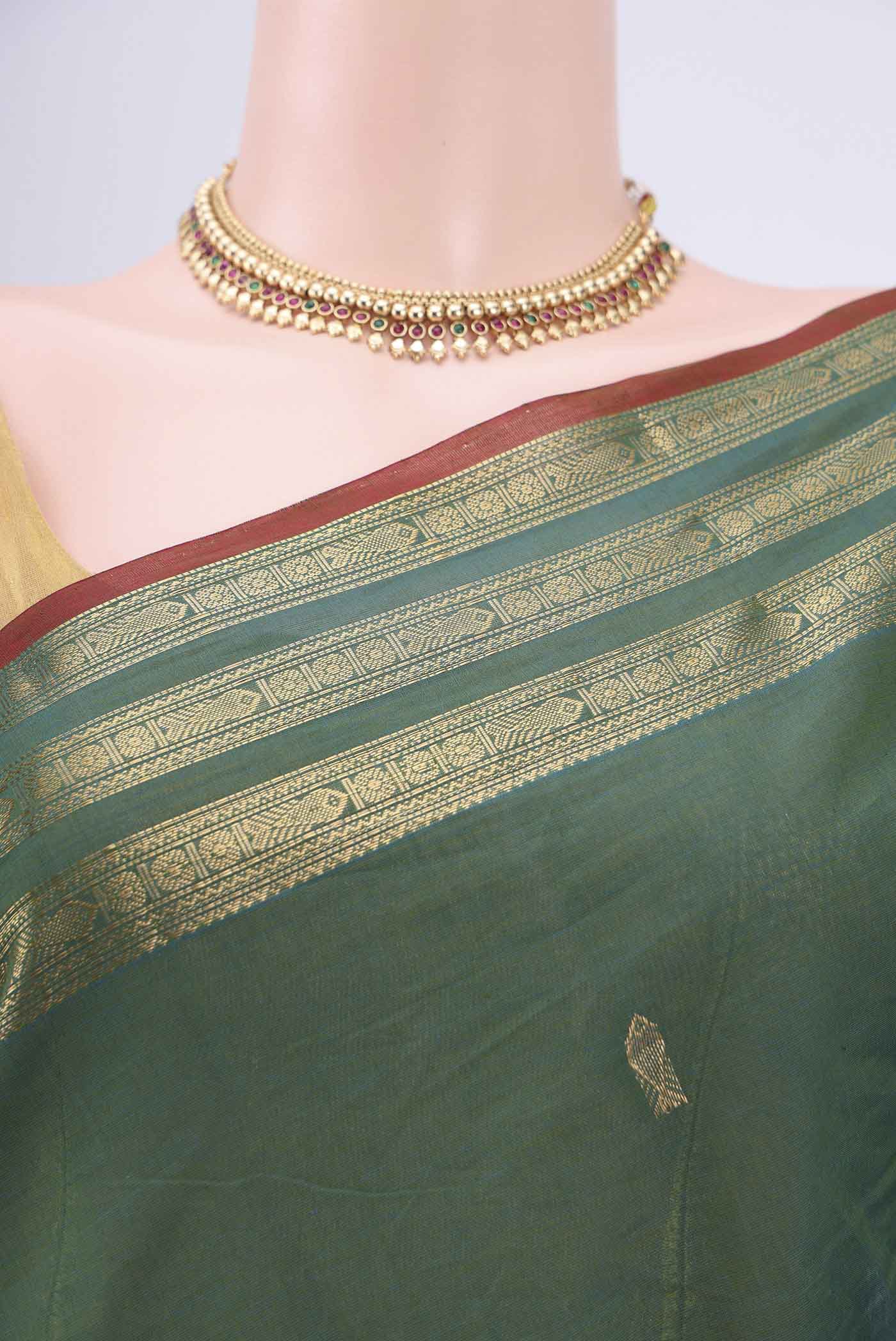 Green with Blue Color Kanchi Cotton Saree - Image 2