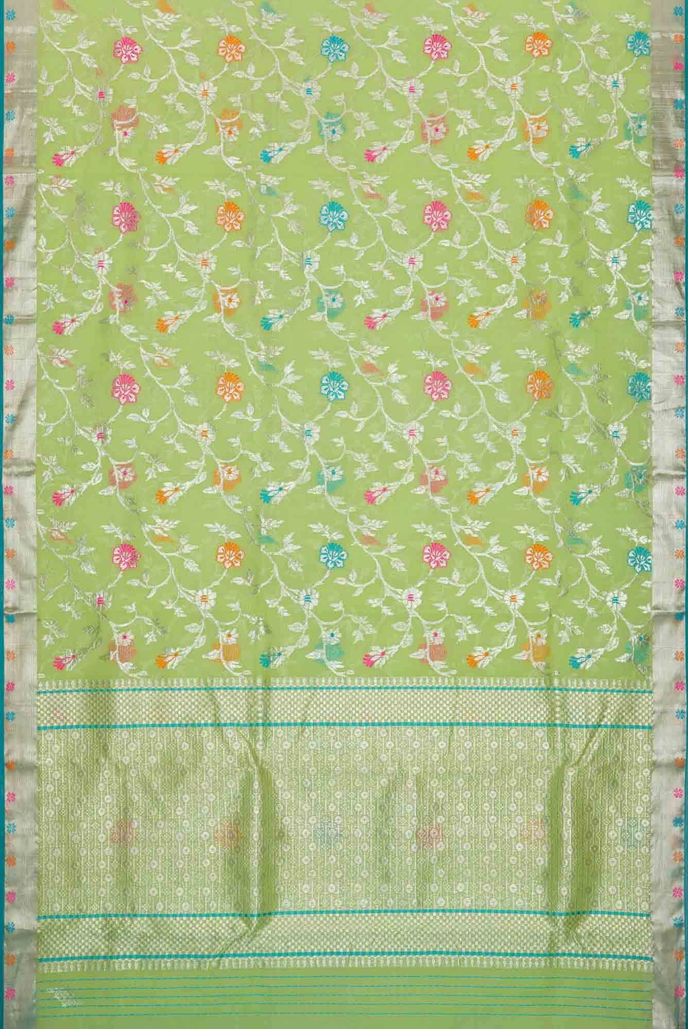 Pure Silk Pure Zari Green Dual Tone Kota Saree - Image 4