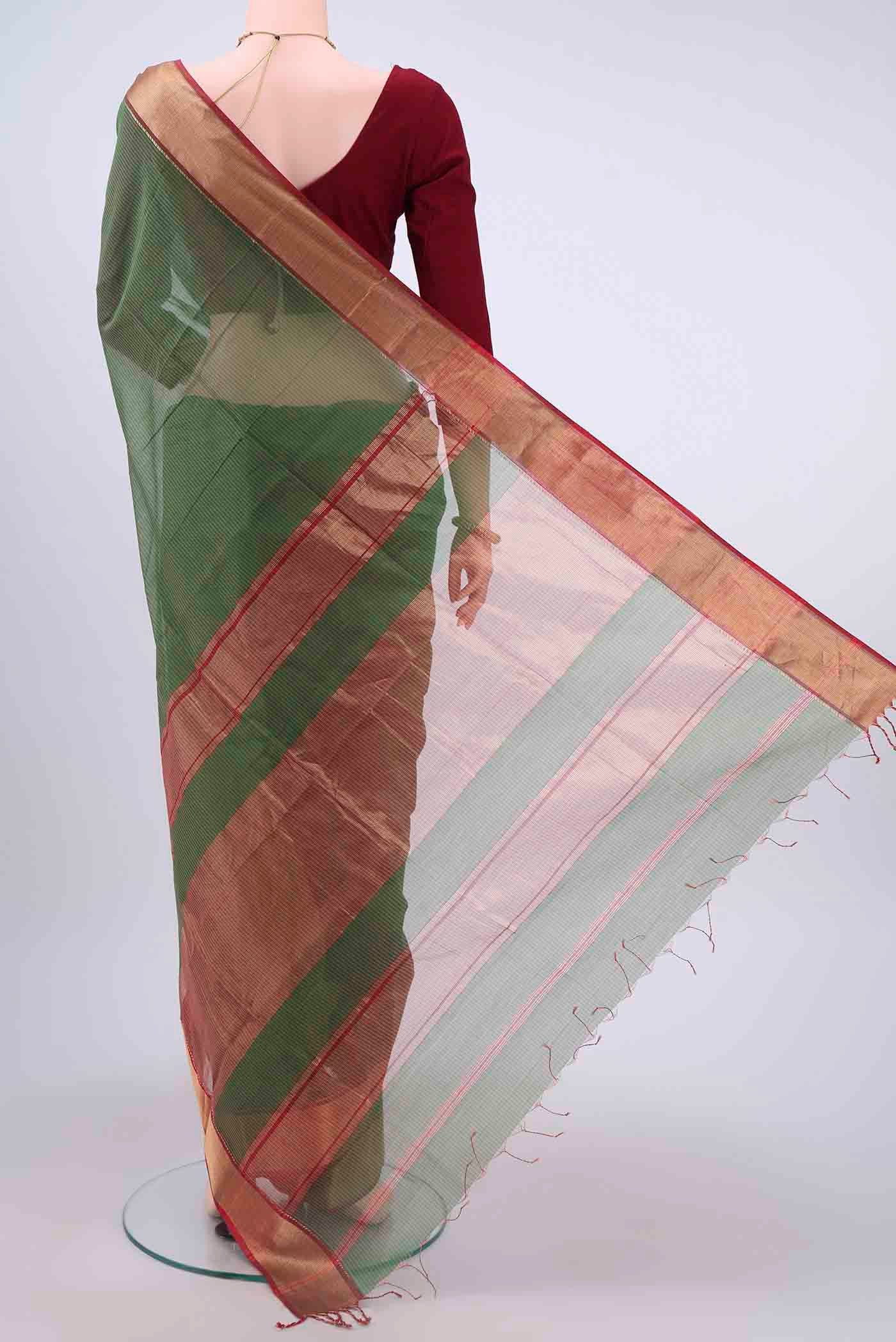 Green Maheshwari Silk Cotton Saree - Image 3