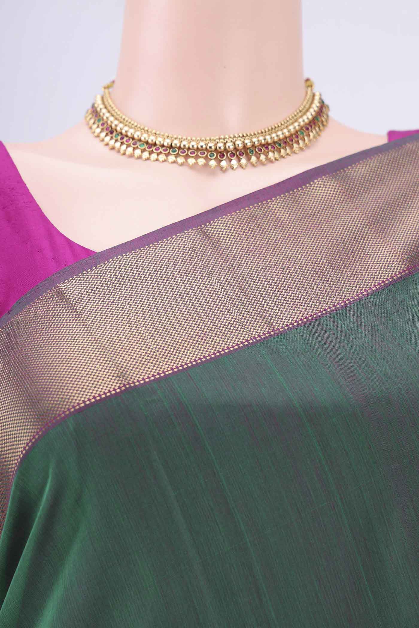Green with Blue Color Maheshwari Silk Cotton Saree - Image 2