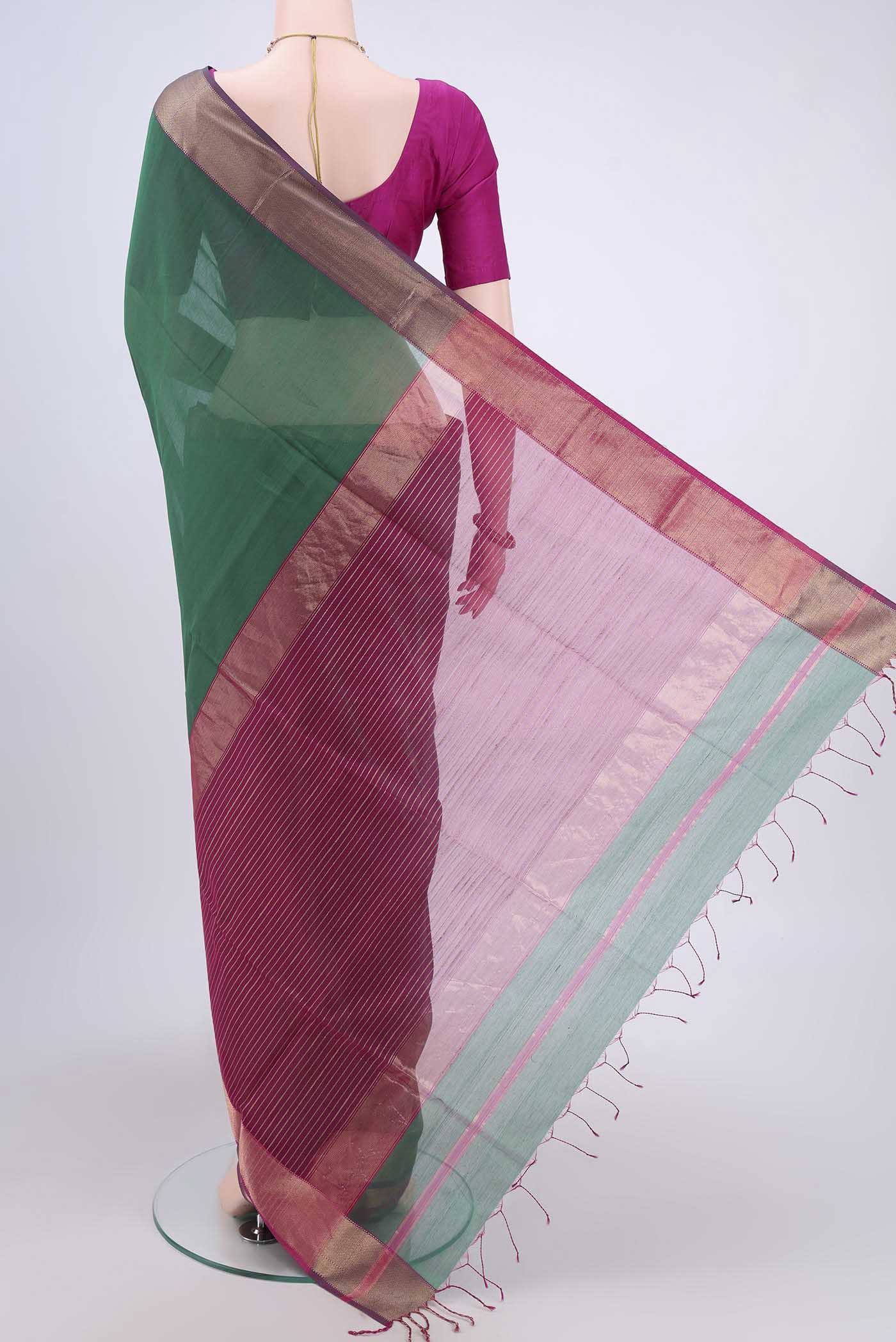 Green with Blue Color Maheshwari Silk Cotton Saree - Image 3