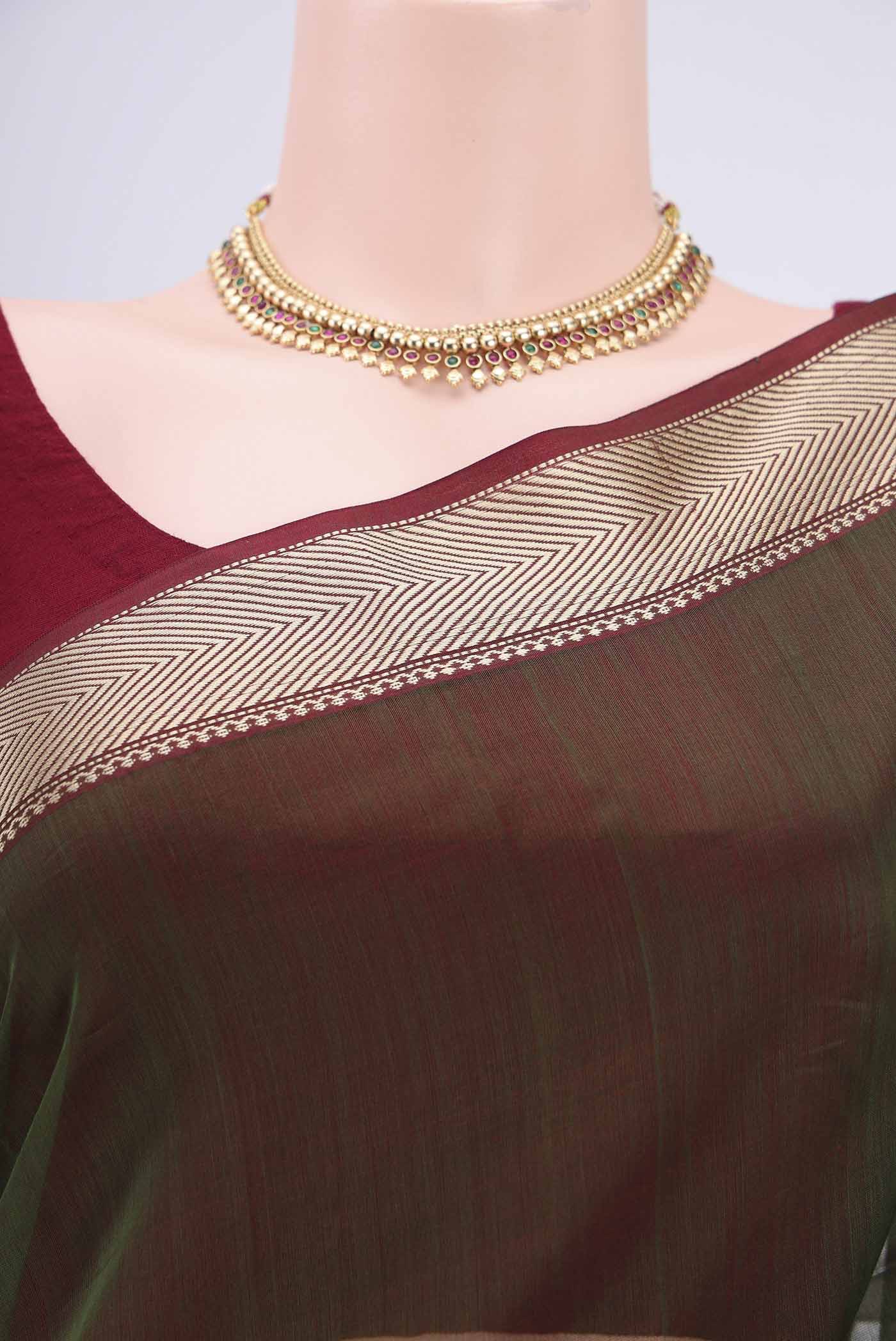 Green with maroon Color Maheshwari Silk Cotton Saree - Image 2