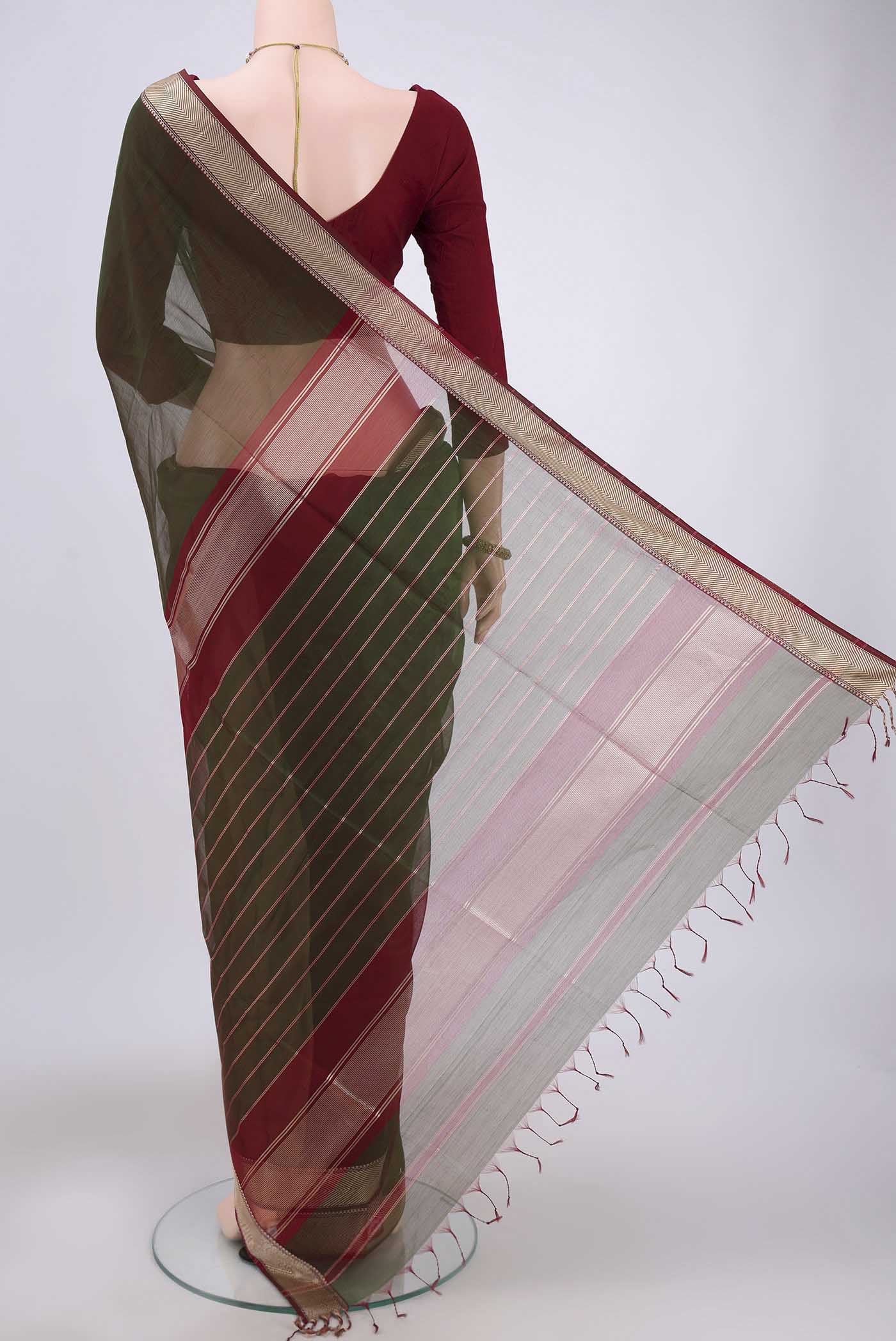 Green with maroon Color Maheshwari Silk Cotton Saree - Image 3