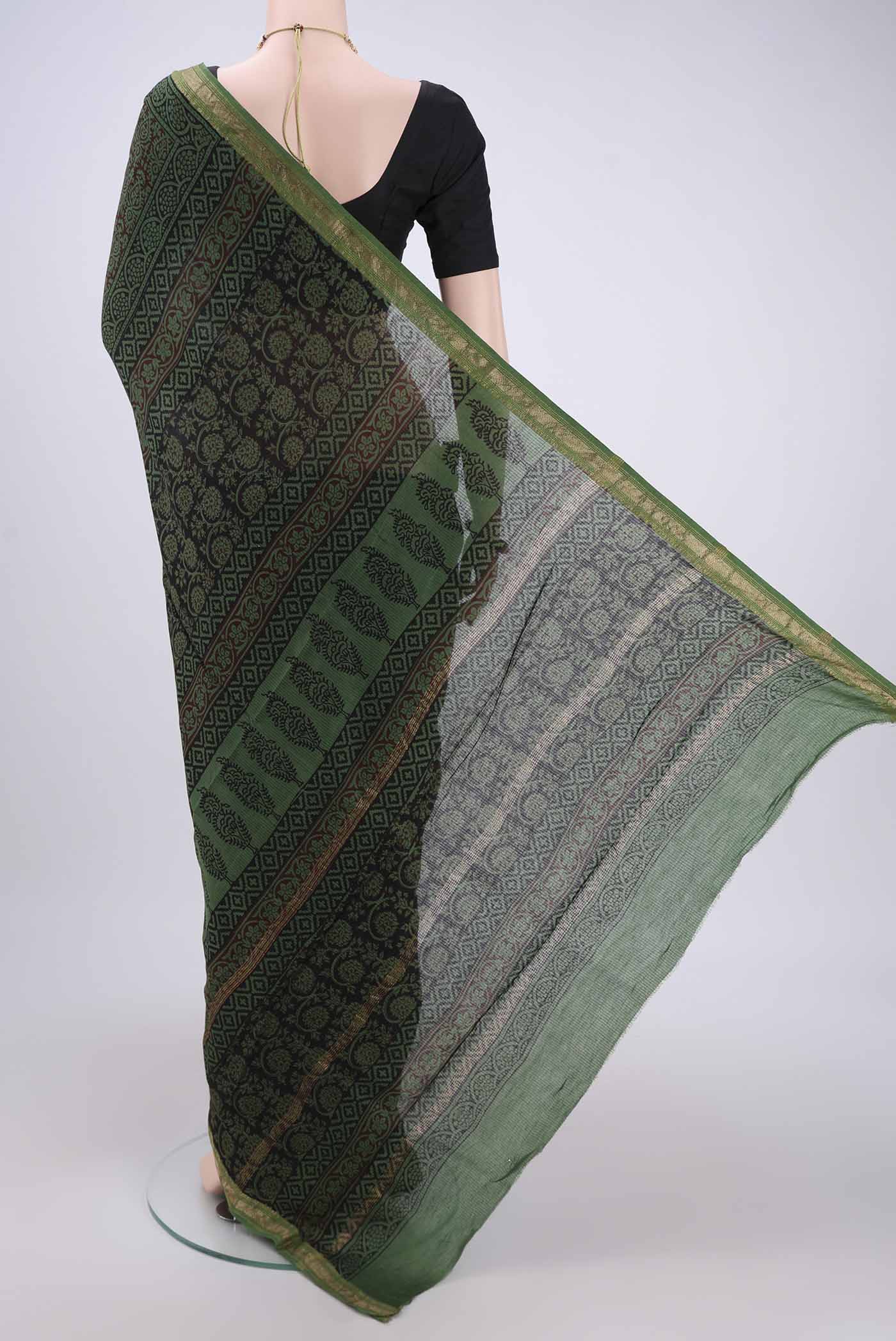 Green Maheshwari Silk Cotton Saree - Image 3