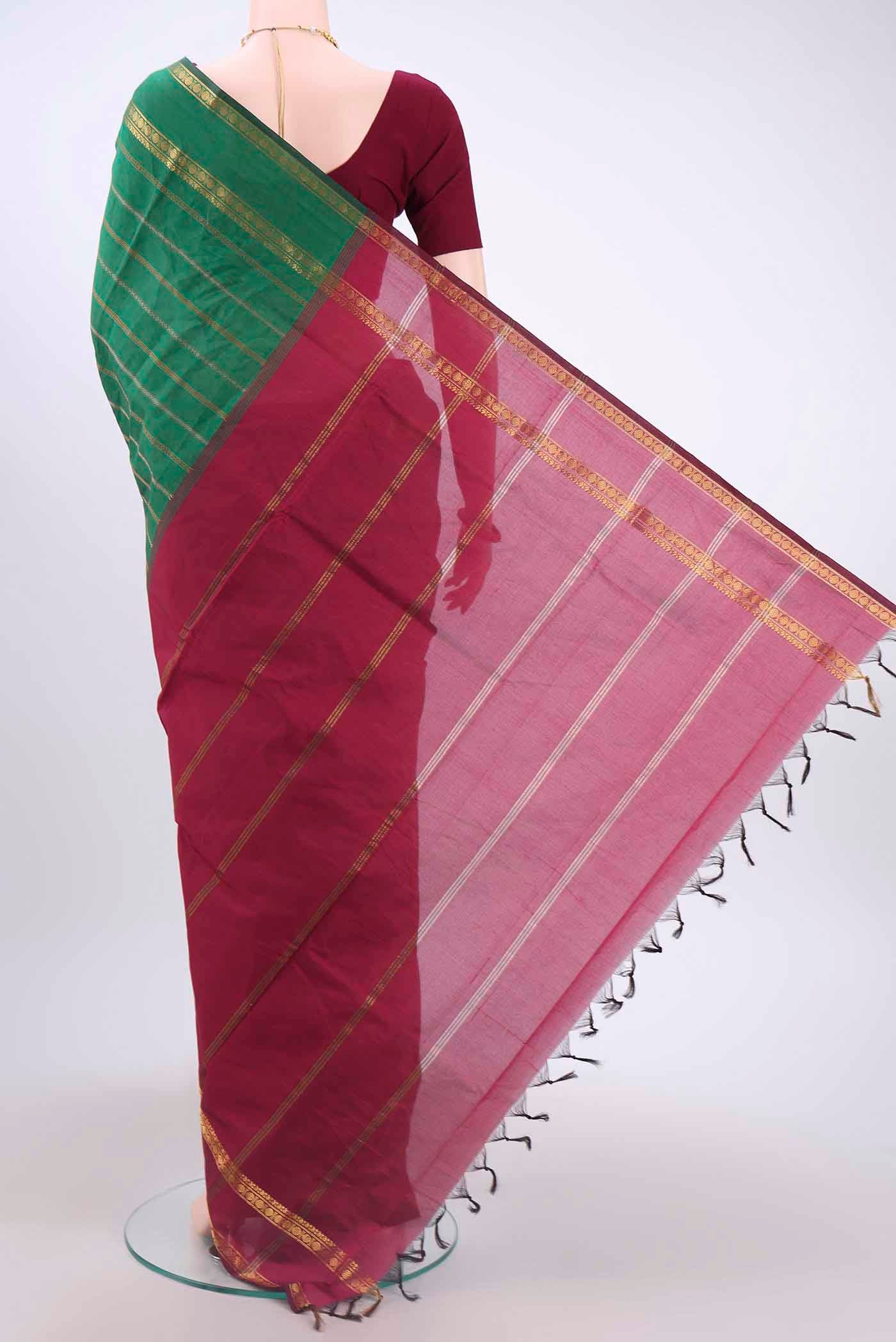 Green Blended Poly Cotton Saree - Image 3