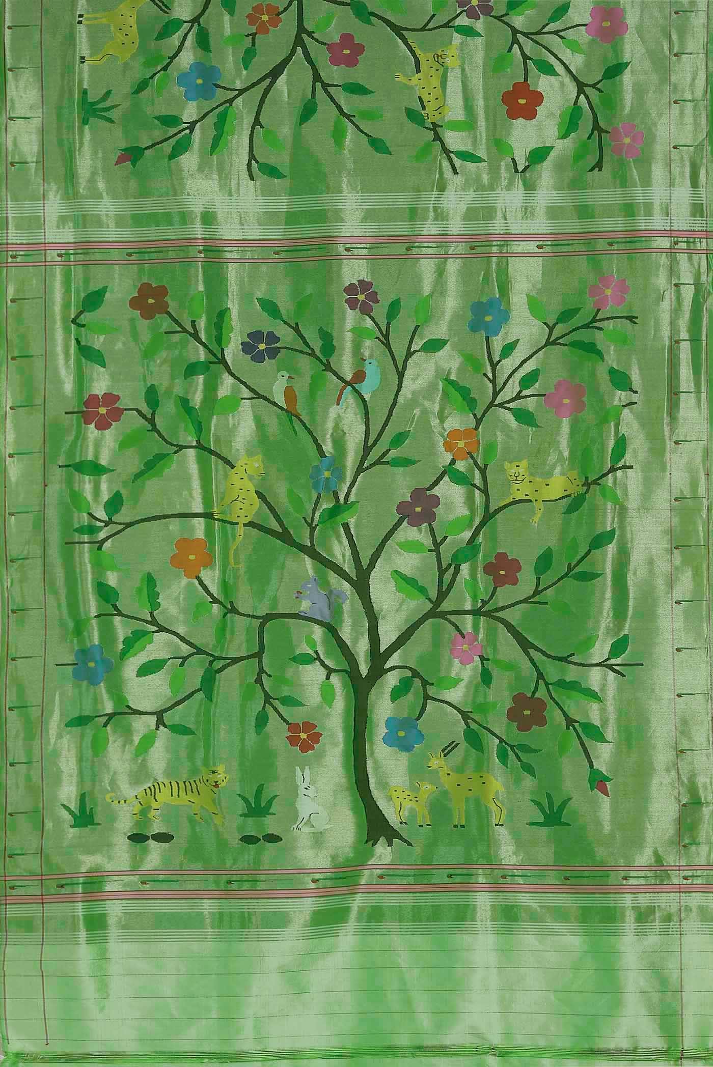 Pure Silk Pure Zari Green Paithani Saree - Image 4