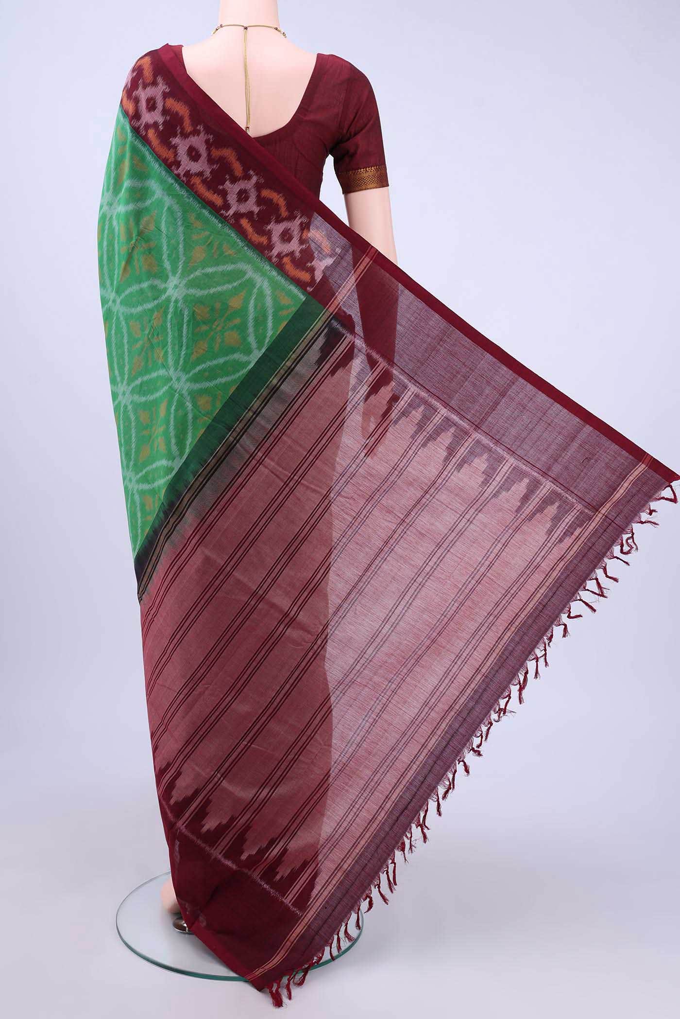 Green Pochampally Cotton Saree - Image 2