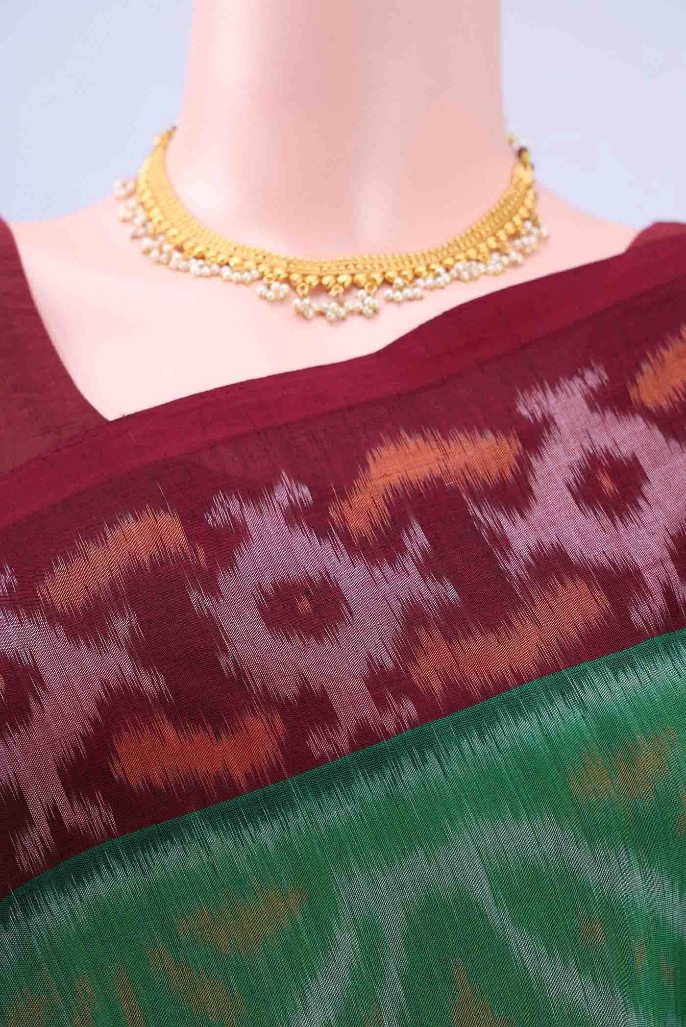 Green Pochampally Cotton Saree - Image 3