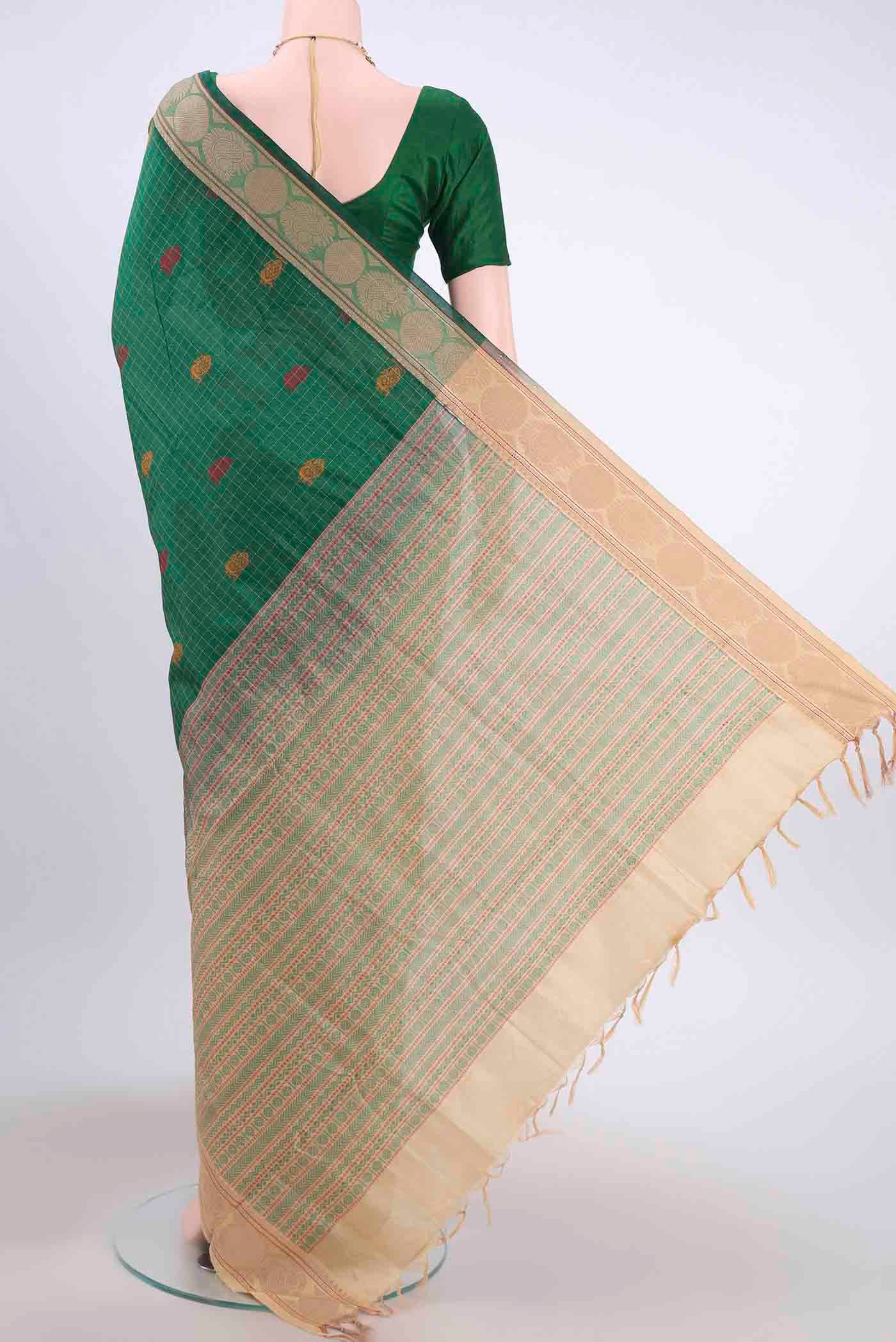 Green Poly Cotton Saree - Image 3