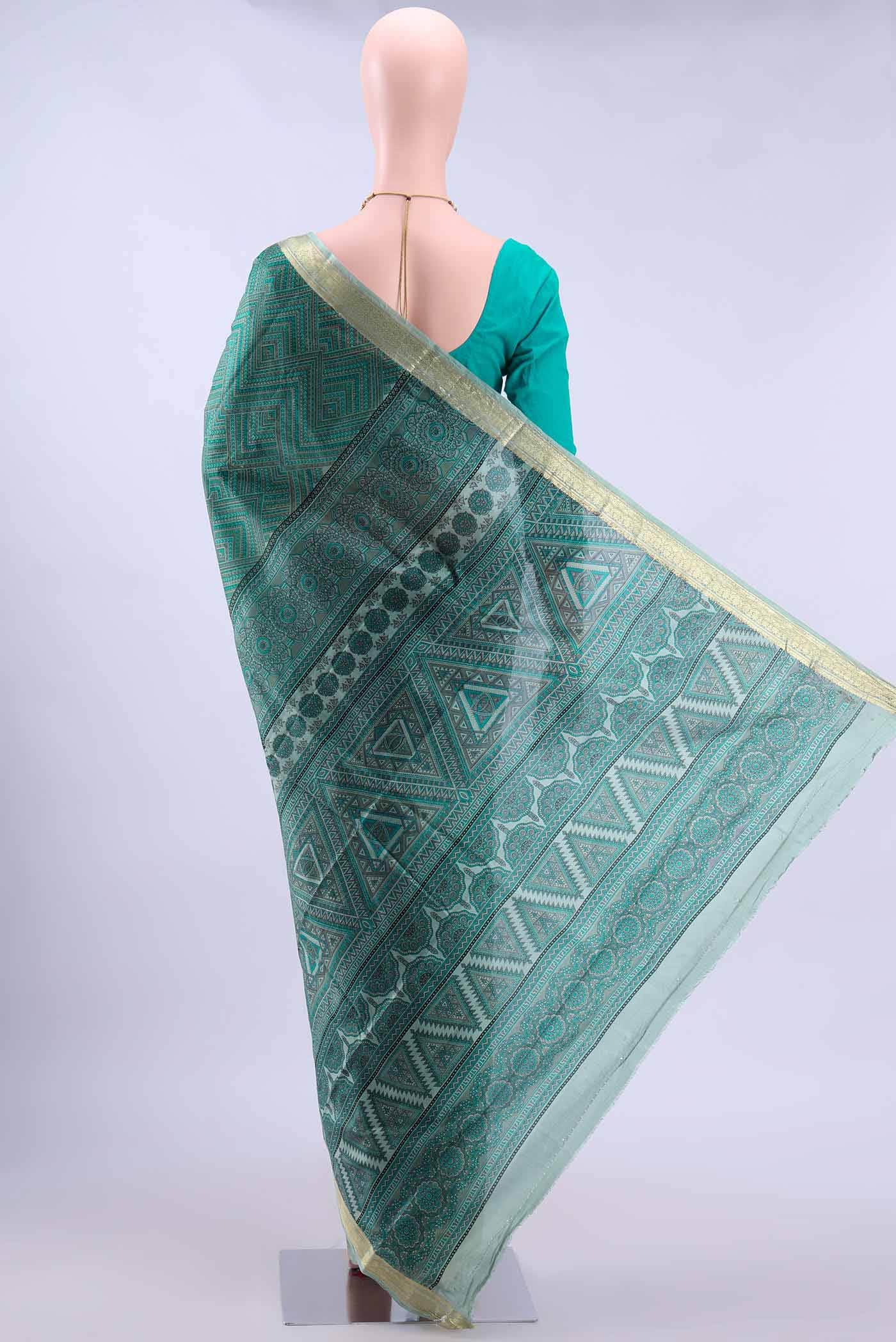 Green Printed Silk Saree - Image 2