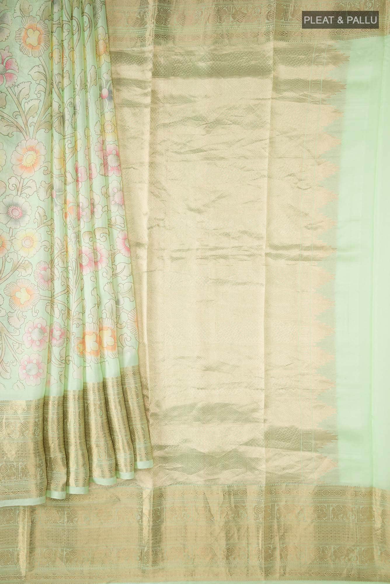 Mint Green Printed Silk Saree - Image 2