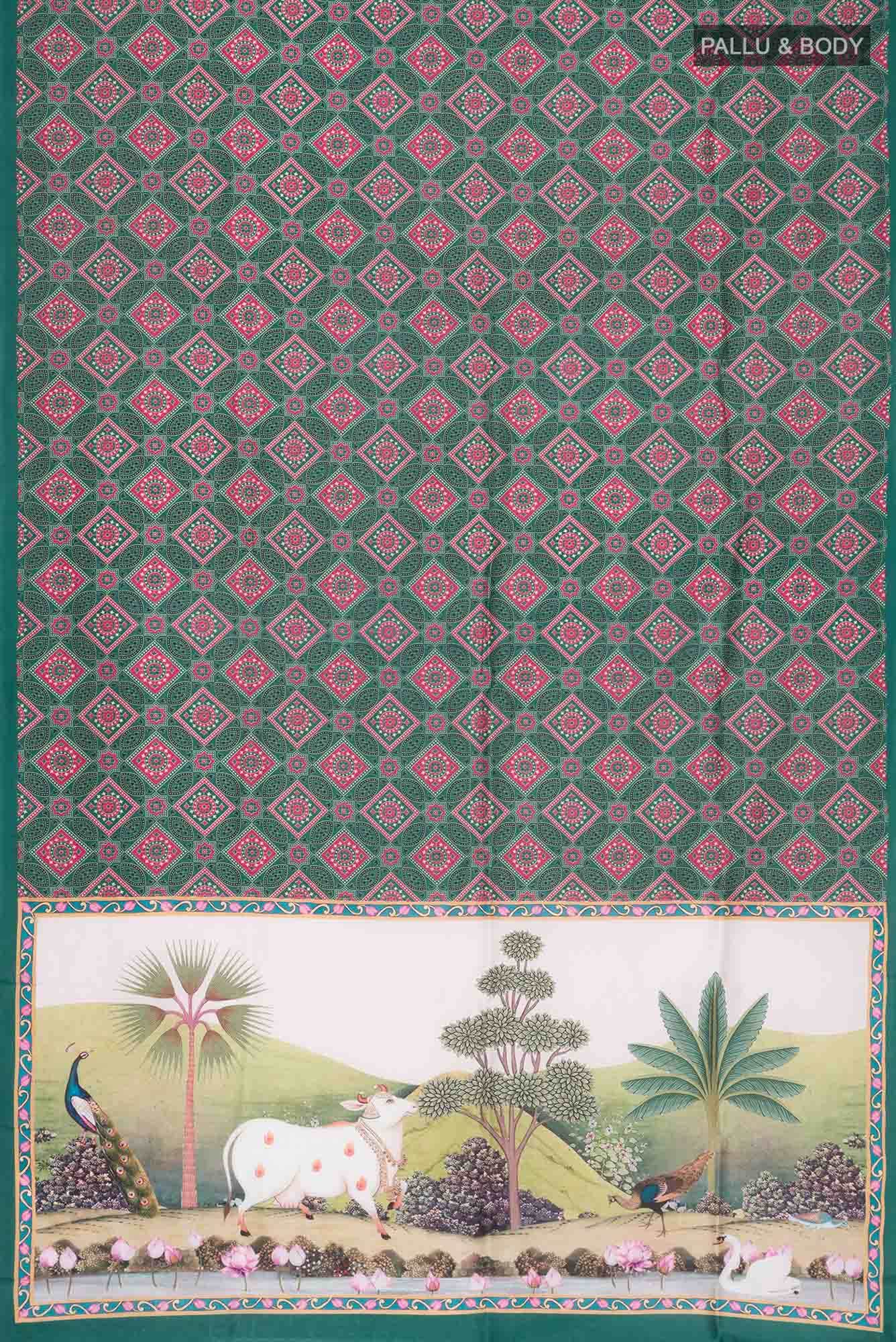 Green Printed Silk Saree - Image 3