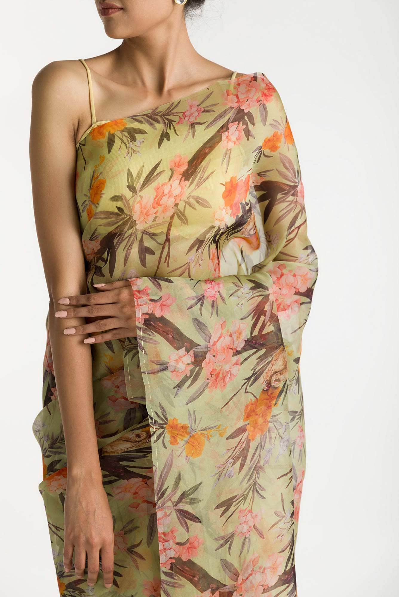 Tropical Parrots Pista Green Pure Organza Silk Saree - Image 2