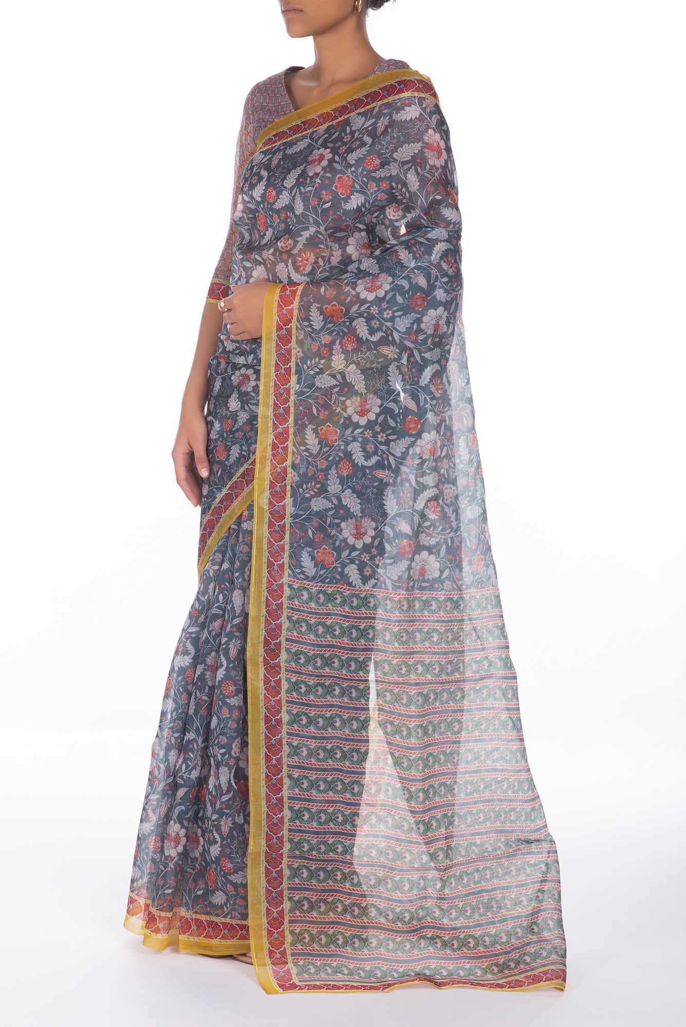 Guldasta Steel grey floral design saree from Chintz Collection, Designed by Nalli - Image 3