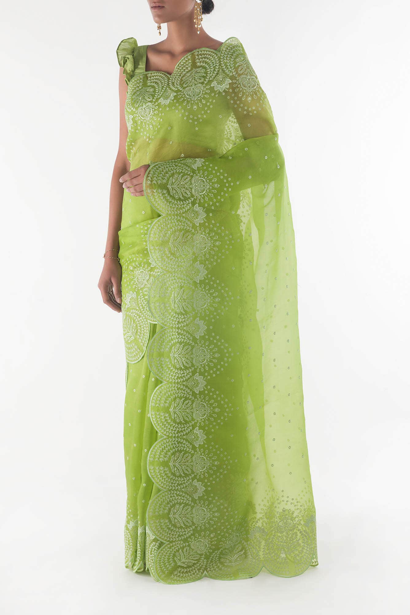 Lovelace Green floral design saree from Embroidered Romance Collection by Nalli - Image 3