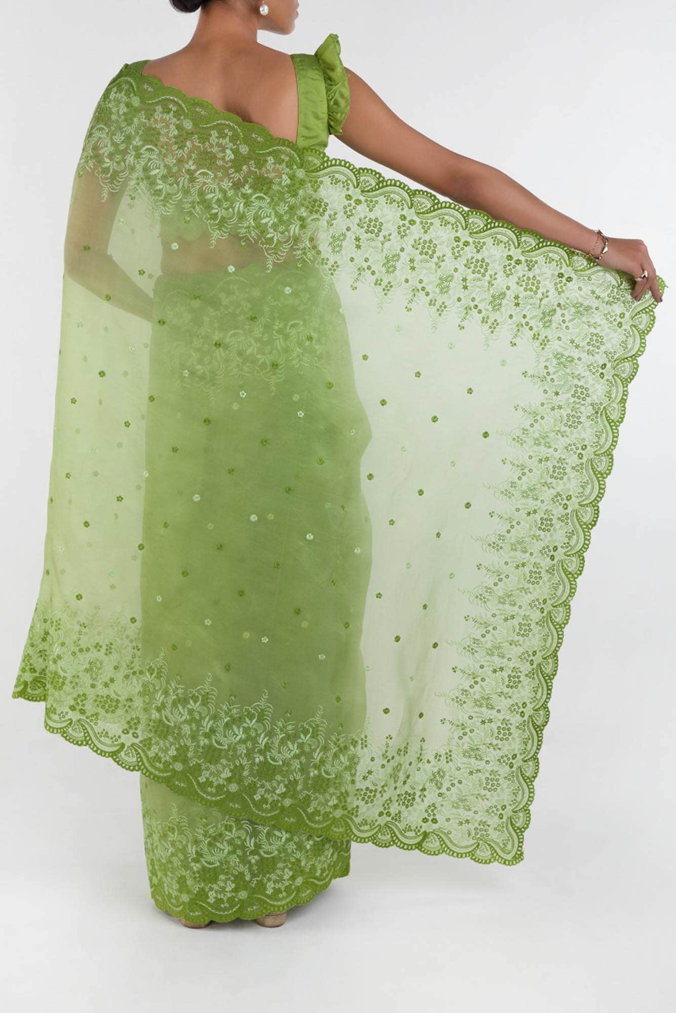 Lover’s lush Green floral design saree from Embroidered Romance Collection by Nalli - Image 5