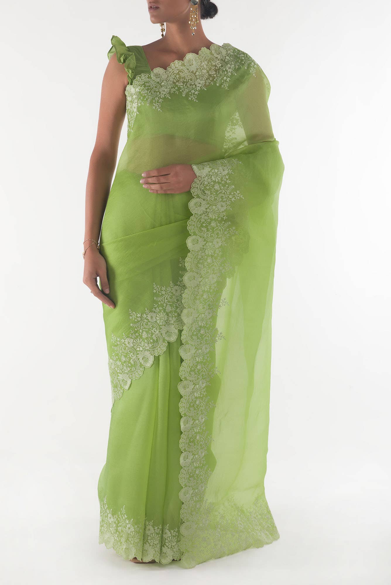 Harmonia Green floral design saree from Embroidered Romance Collection by Nalli - Image 2
