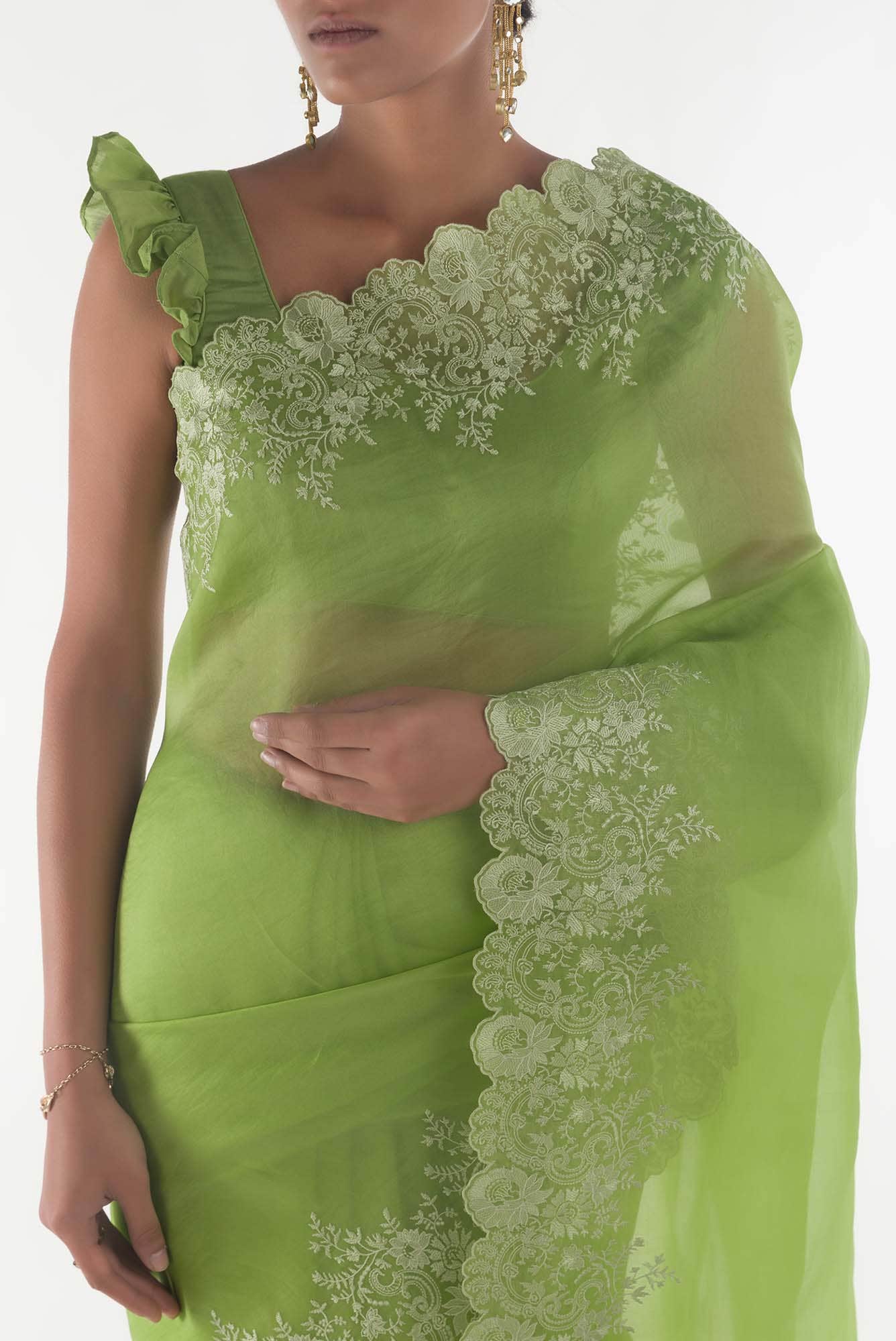Harmonia Green floral design saree from Embroidered Romance Collection by Nalli - Image 3