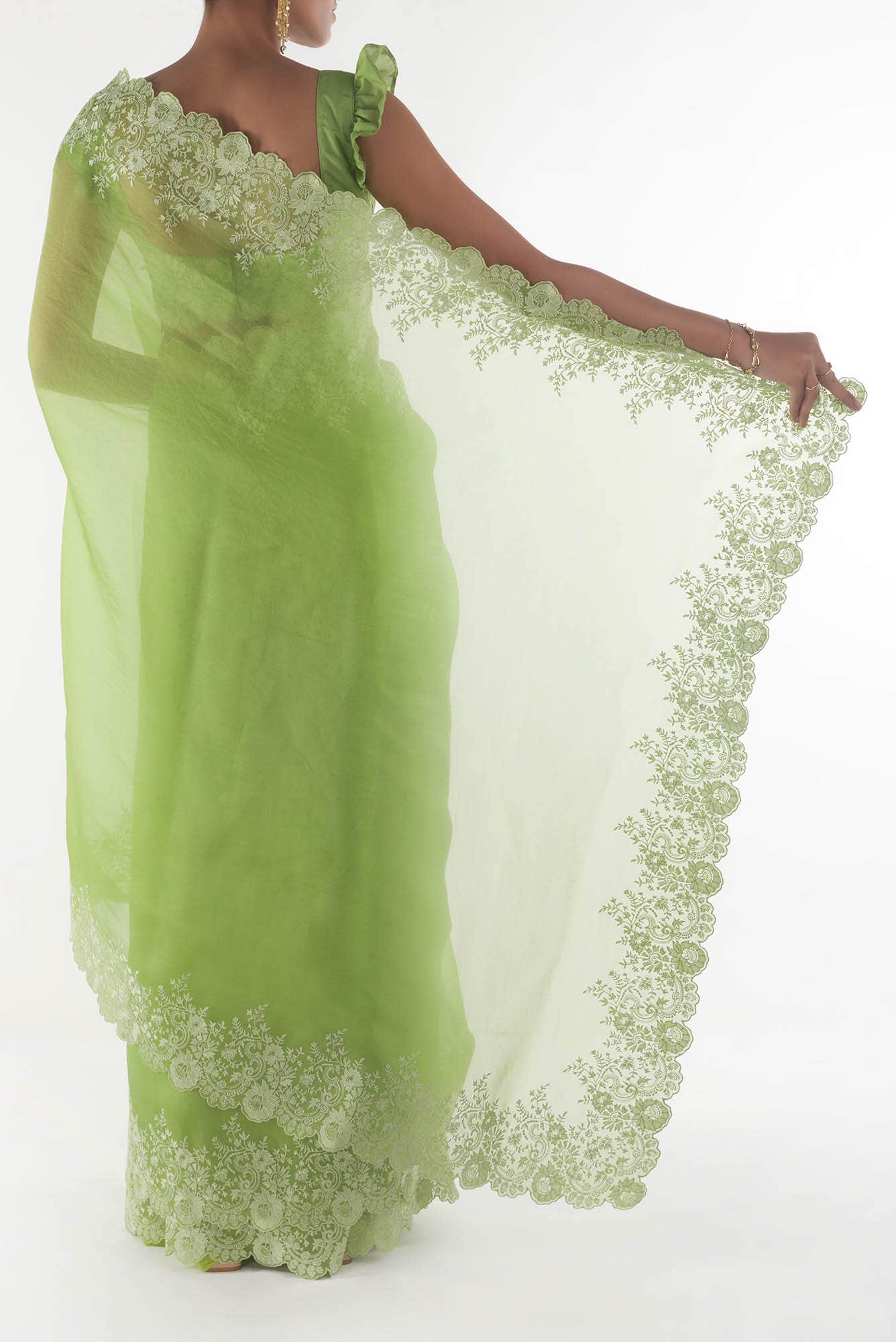 Harmonia Green floral design saree from Embroidered Romance Collection by Nalli - Image 5