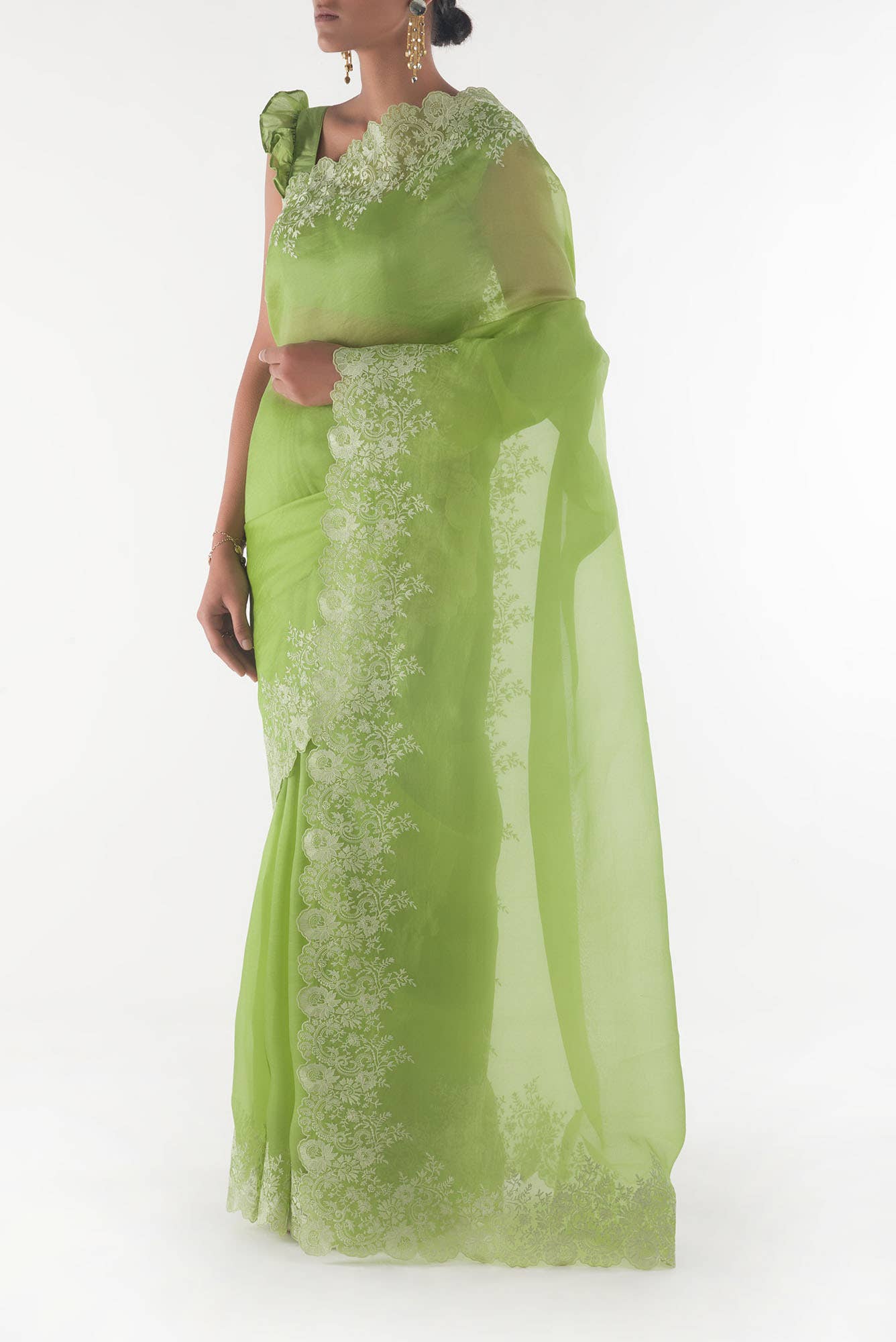 Harmonia Green floral design saree from Embroidered Romance Collection by Nalli - Image 6
