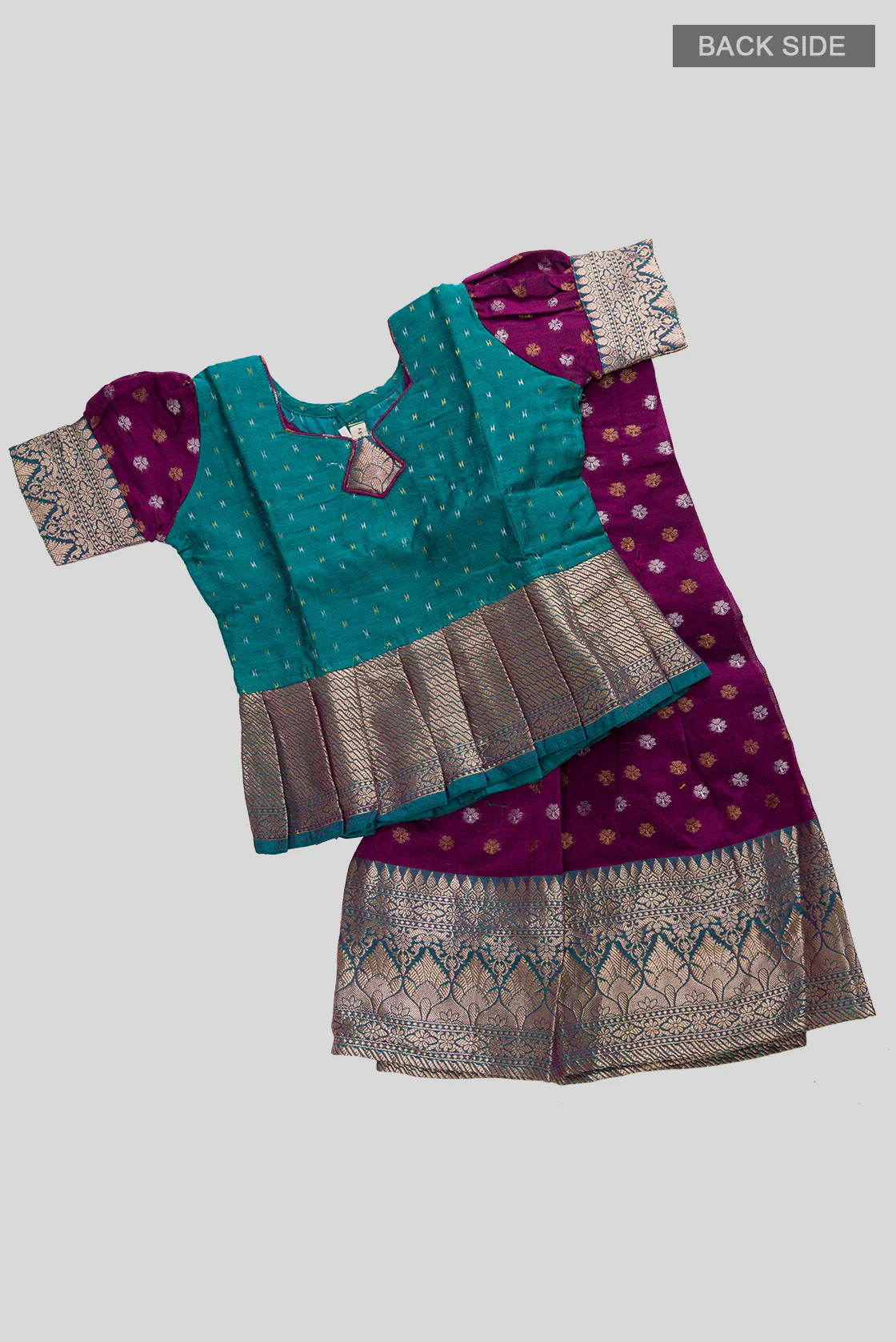 Green Readymade Cotton Pavadai Set  | Lehanga & Blouse - Image 3
