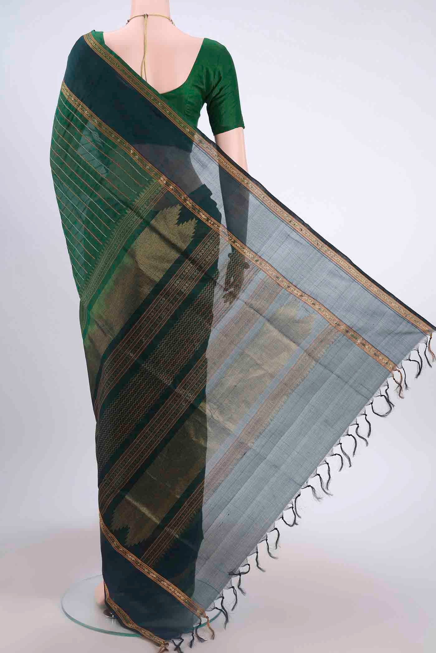 Green Silk Cotton Saree - Image 3