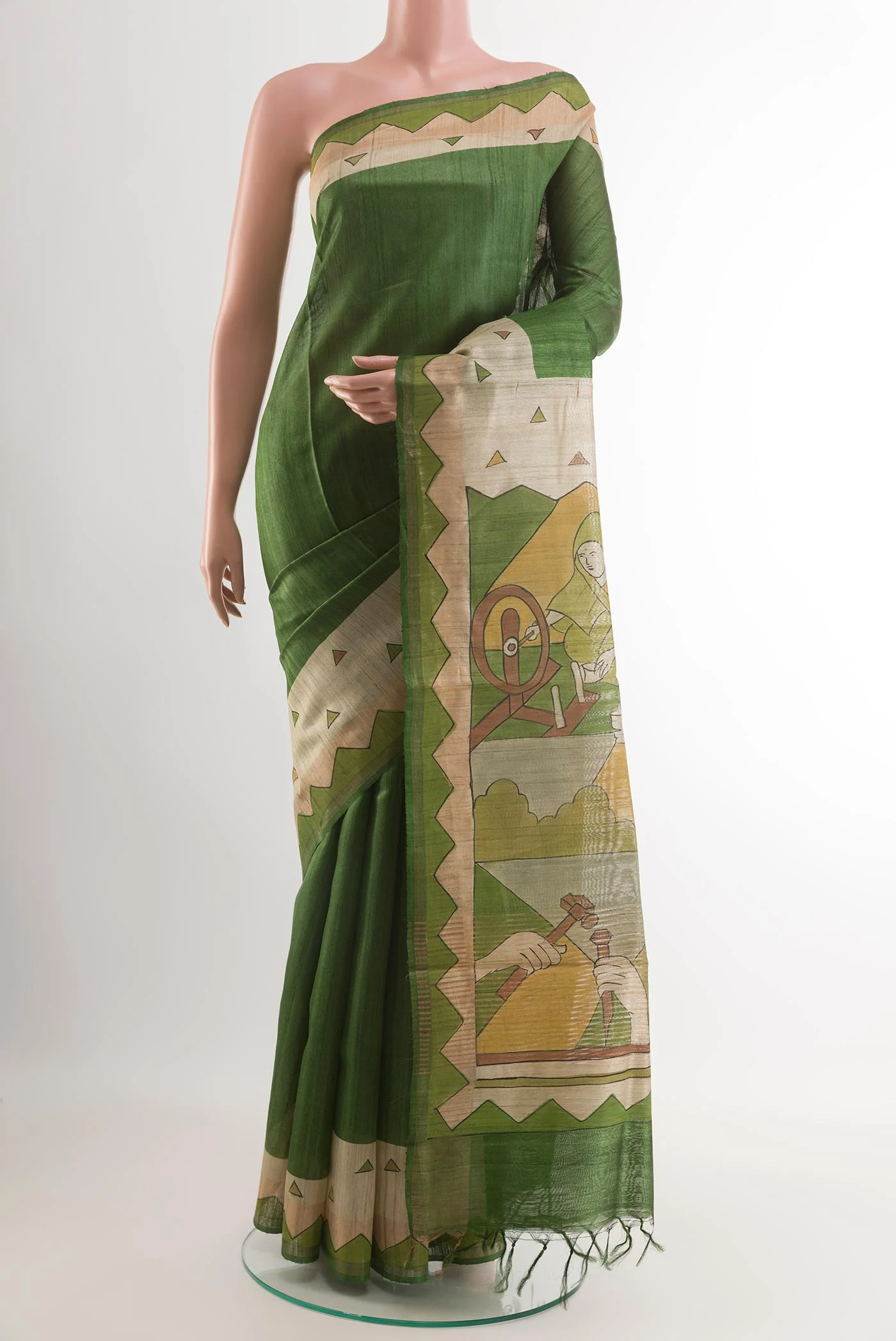 Olive Green Tussar Silk Saree