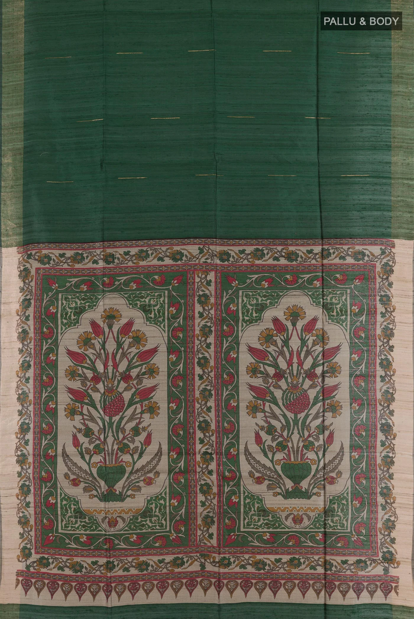 Bottle Green Tussar Silk Saree - Image 3