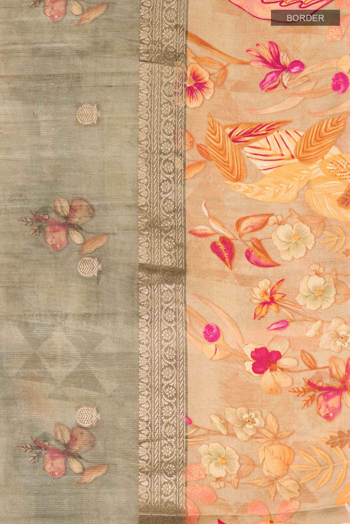 Dark Beige Tussar Silk Saree - Image 5