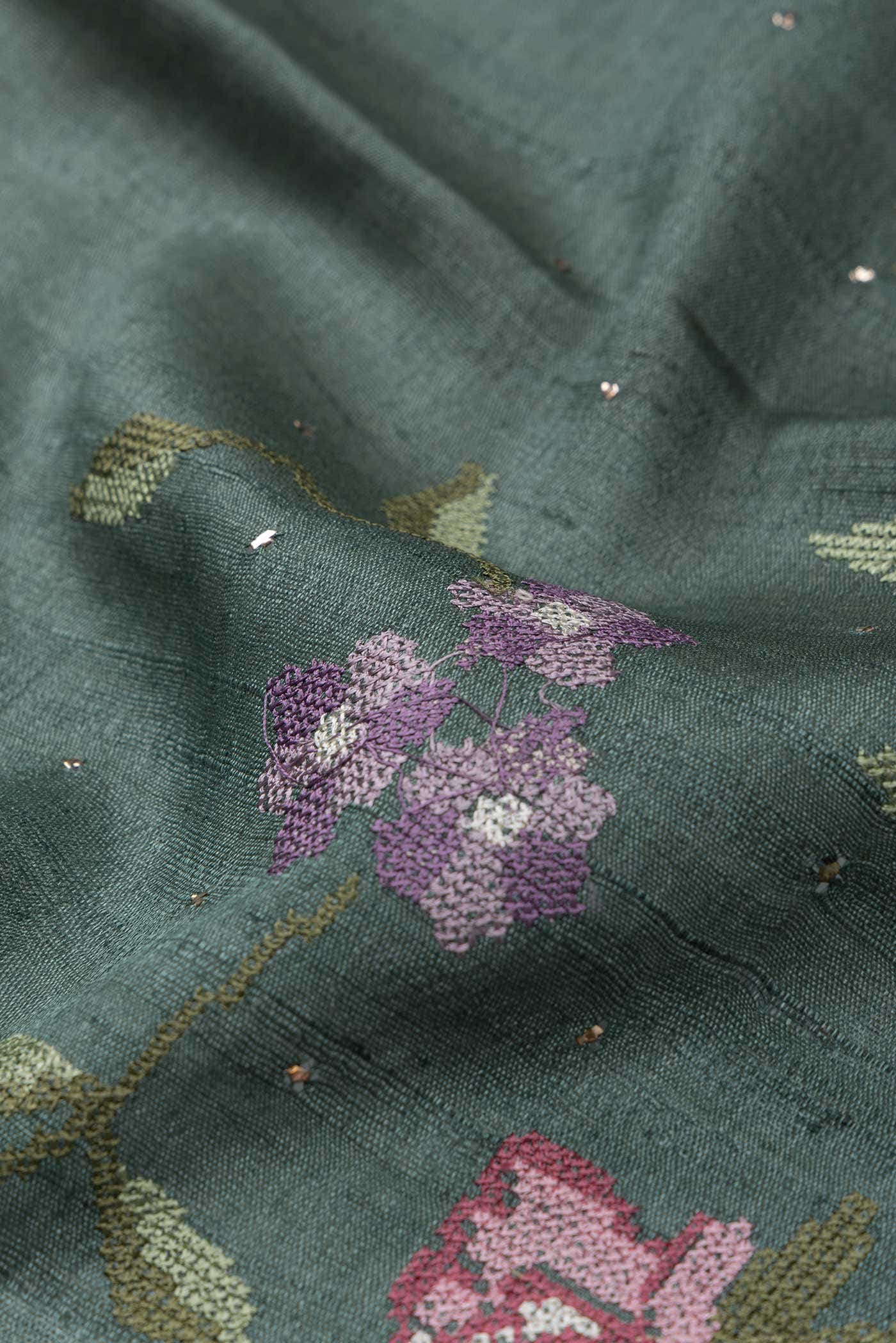 Green Tussar Silk Saree - Image 2