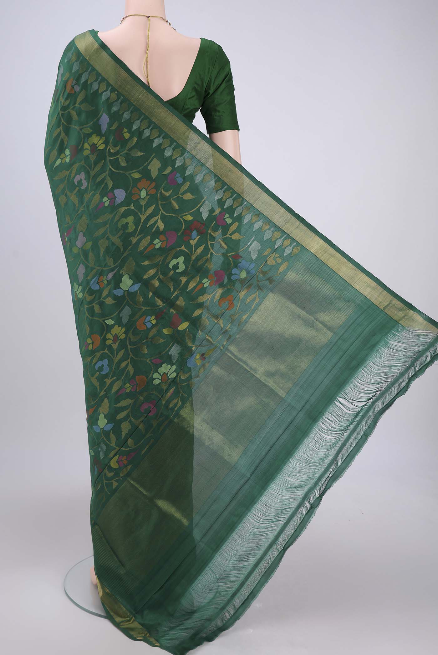 Pure Silk Pure Zari Green Uppada Saree - Image 3