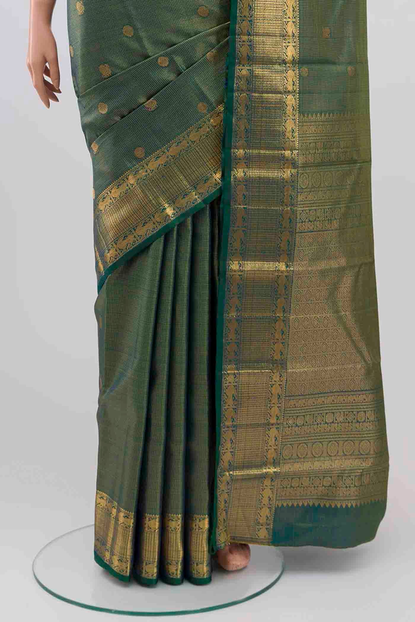 Green With Blue Color Kanchipuram Silk Saree - Image 3