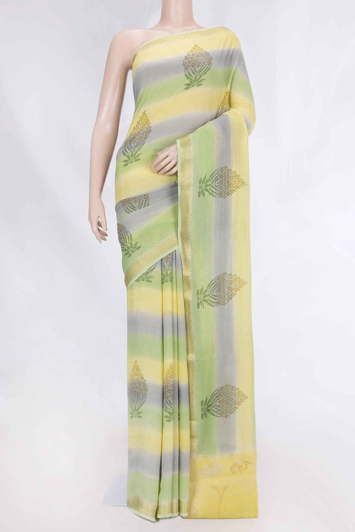 Green, Yellow and Lavender Color Mysore Georgette Saree