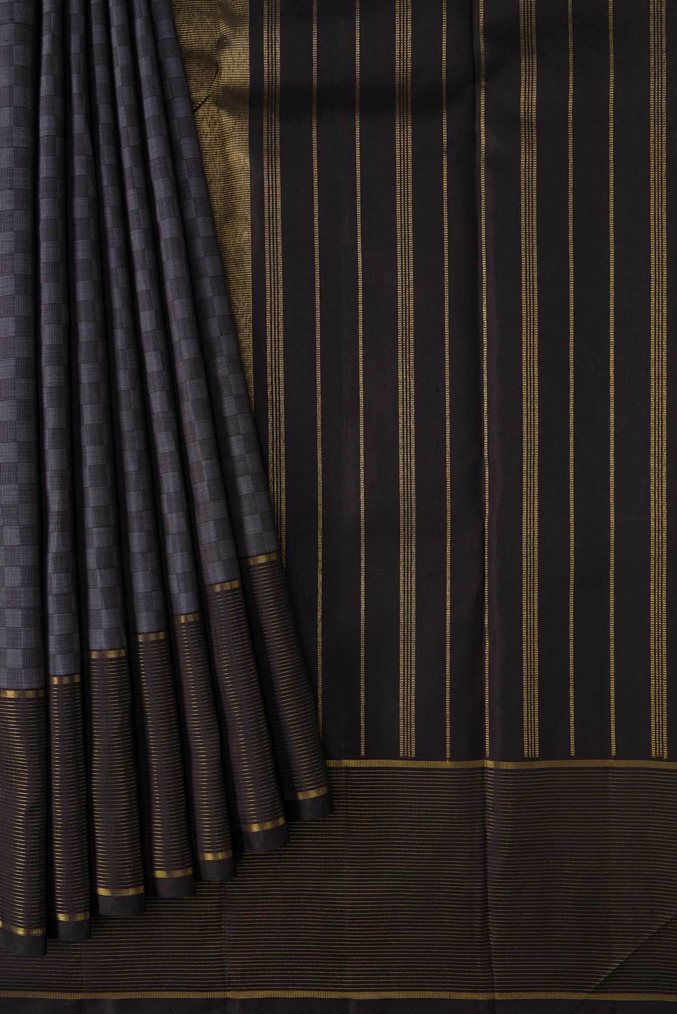 Pure Silk Pure Zari Grey and Black Dual Tone Kanjivaram Saree - Image 2
