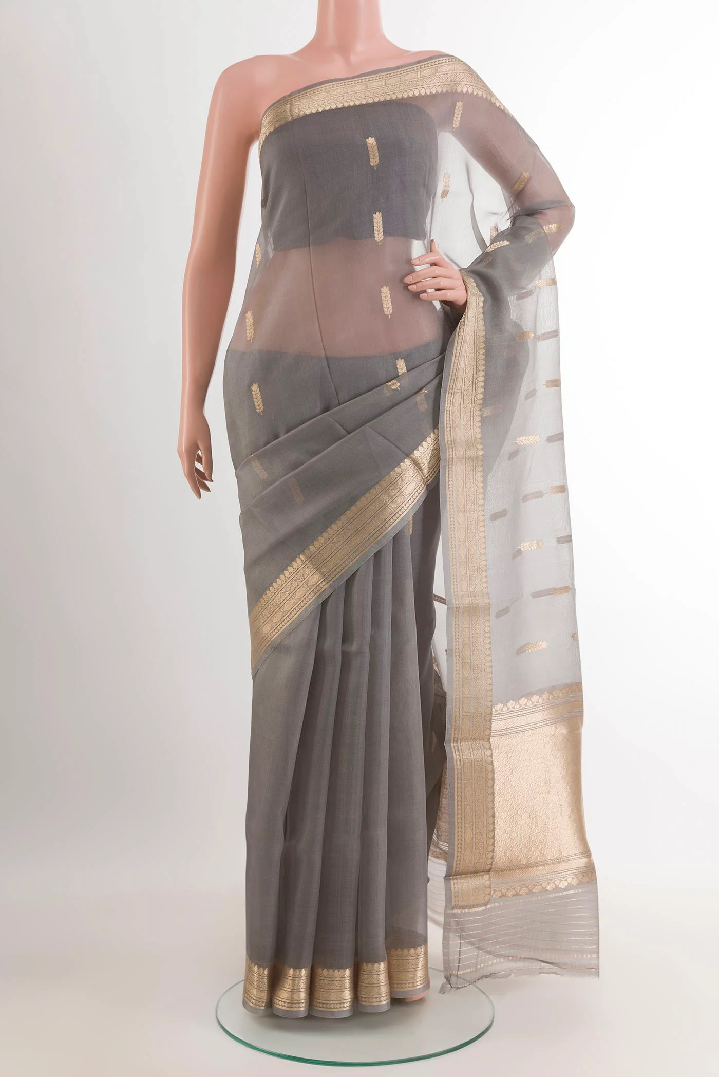 Grey Banarasi Kora Silk Saree
