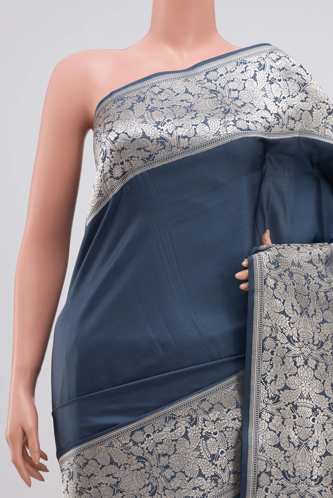 Blue Grey Banarasi Silk Saree - Image 2