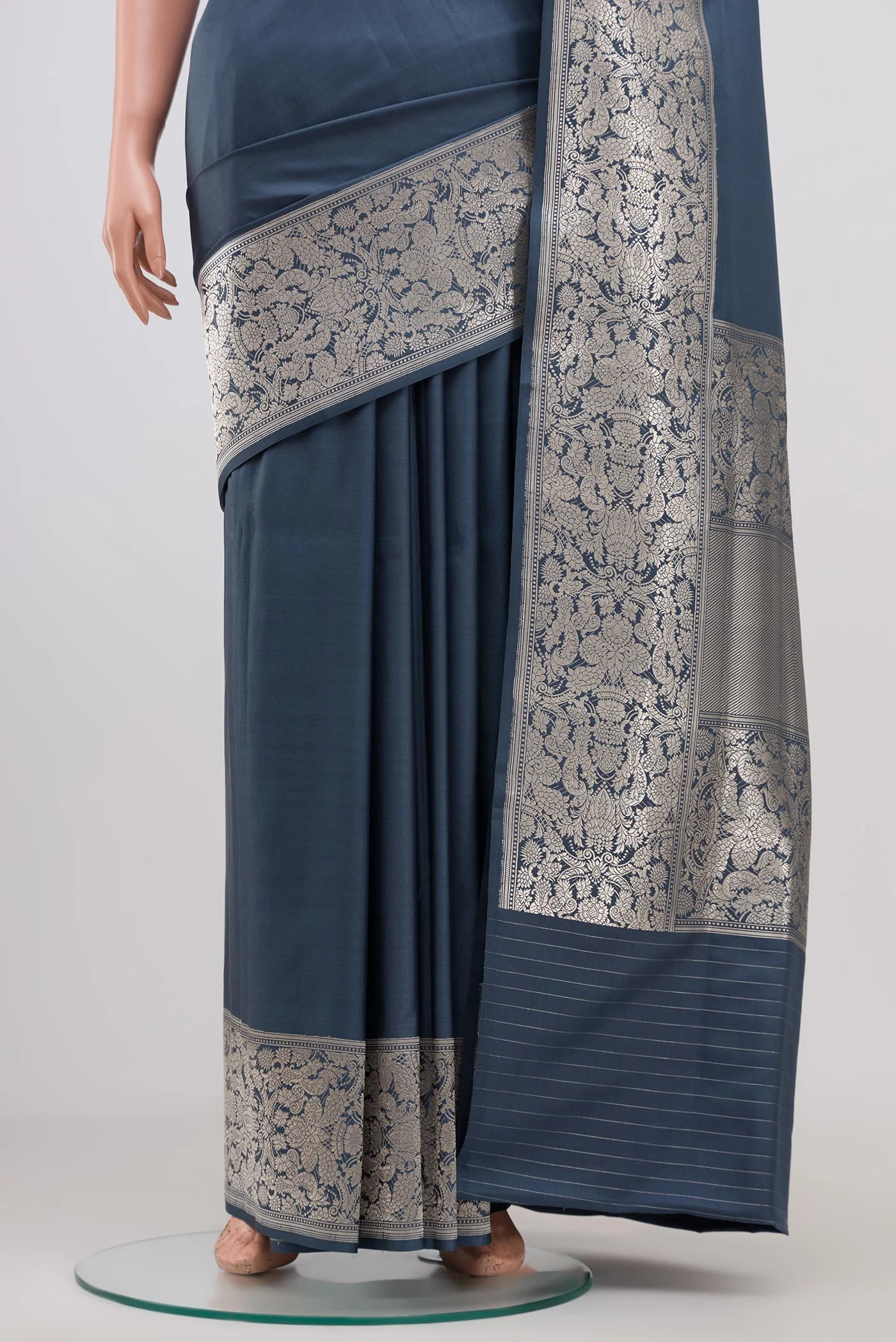 Blue Grey Banarasi Silk Saree - Image 3