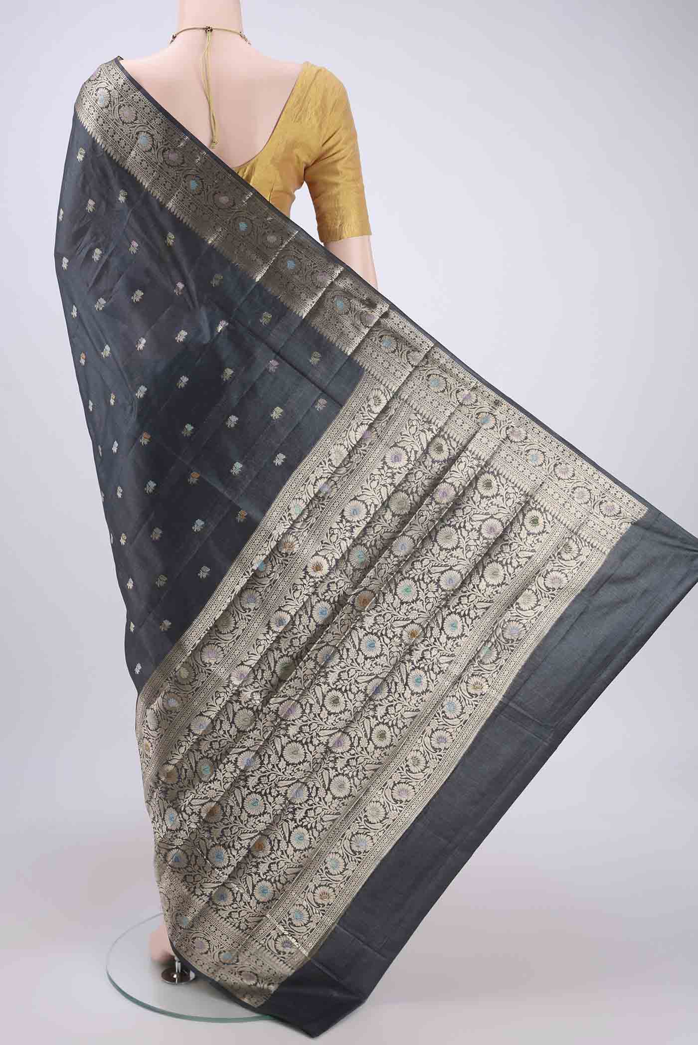 Grey Banarasi Tussar Silk Saree - Image 3
