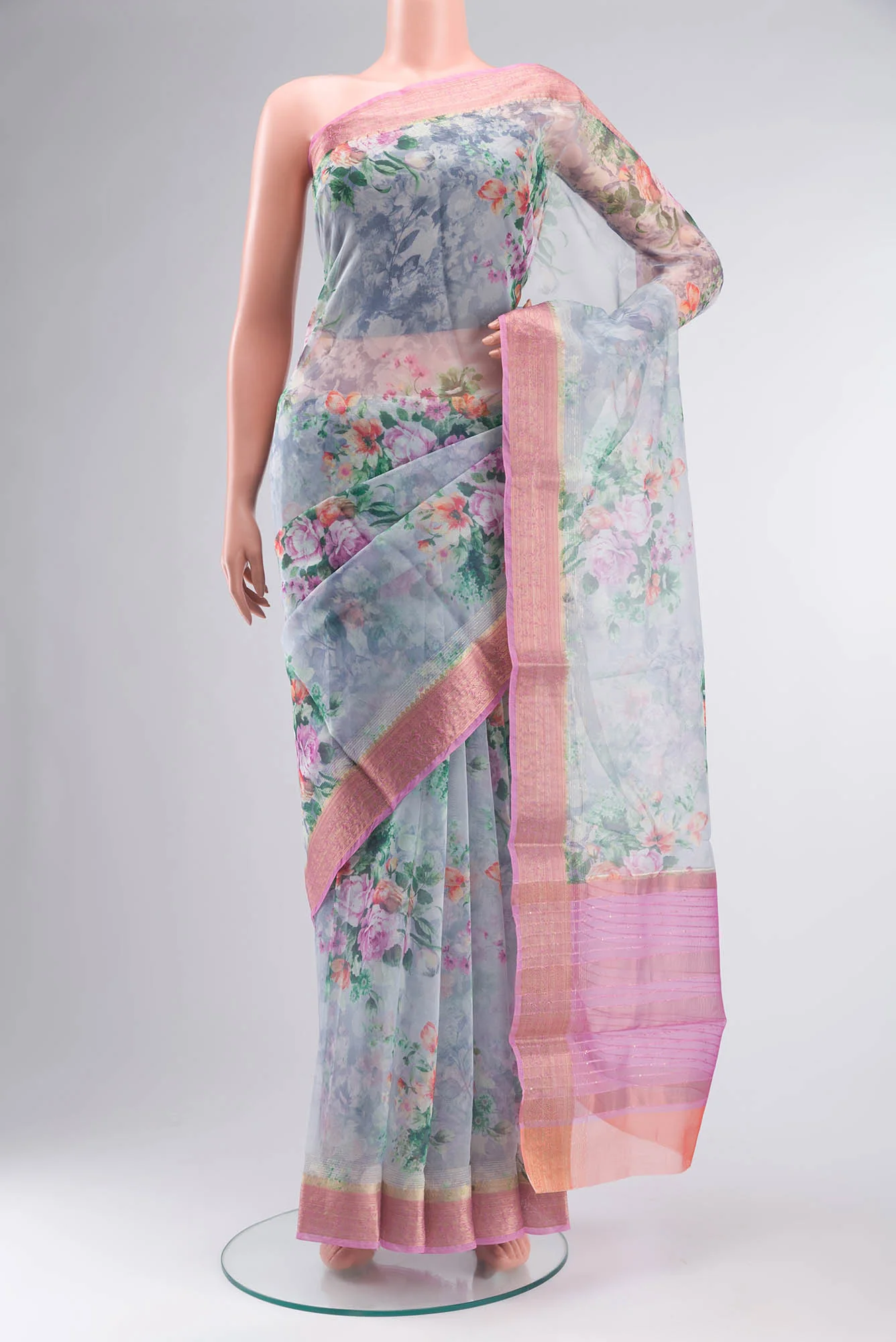 Grey Blended Organza Silk Saree