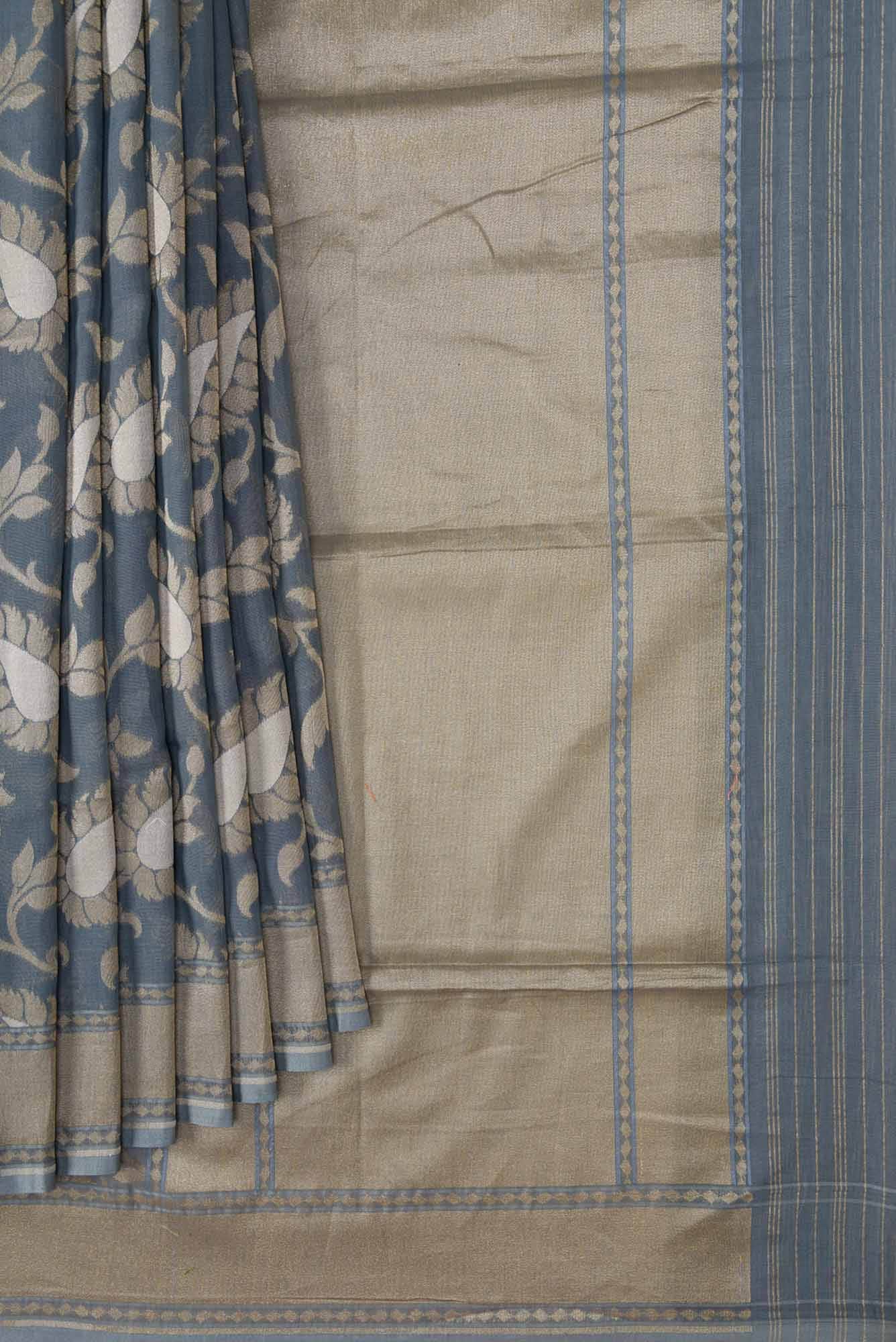 Pure Silk Pure Zari Grey Dual Tone Banarasi Cotton Saree - Image 2