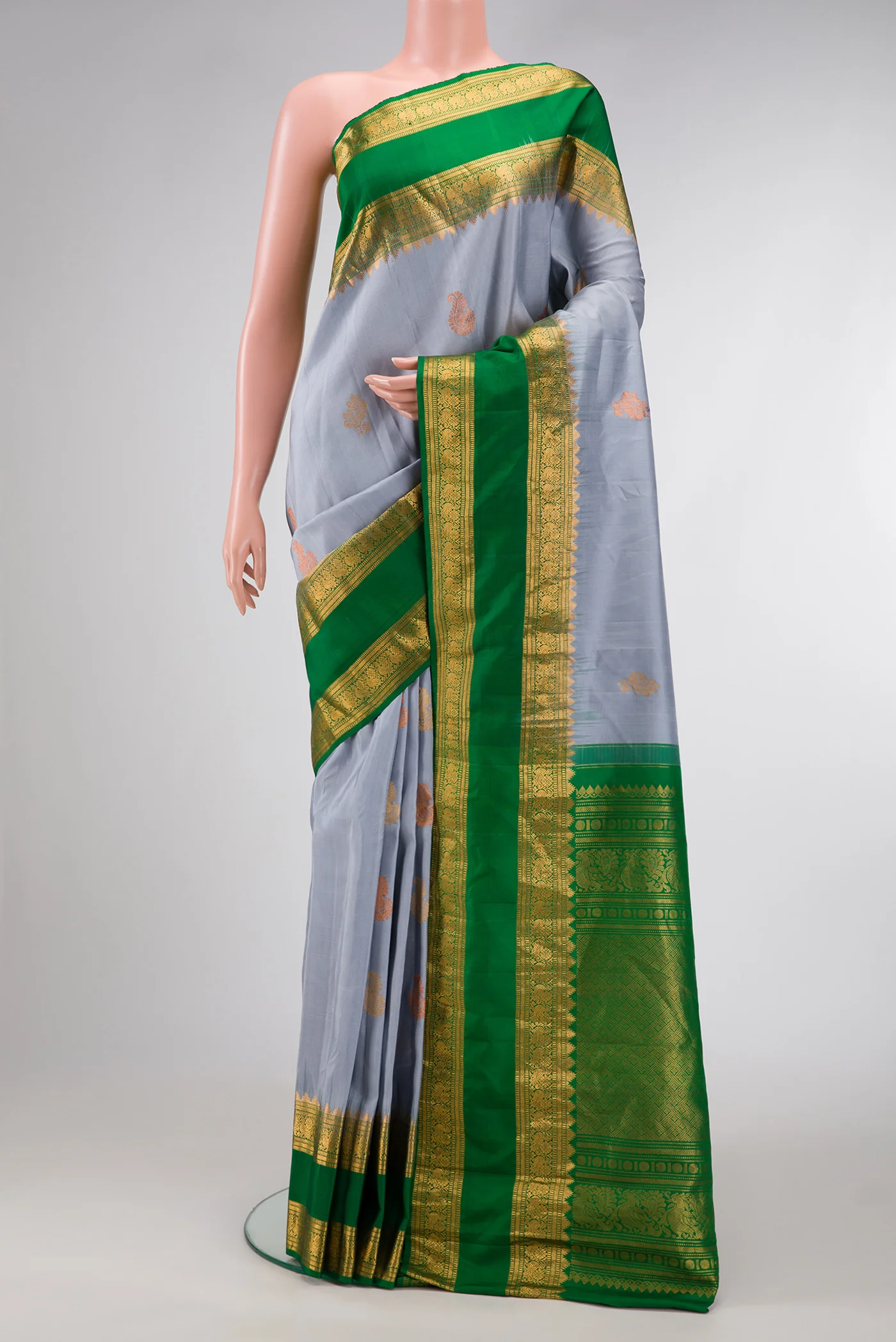 Blue Grey Gadwal Silk Saree