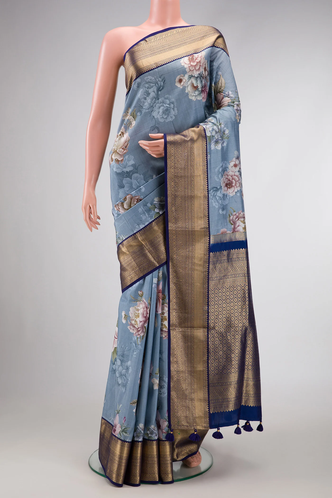 Blue Grey Kanchipuram Silk Saree
