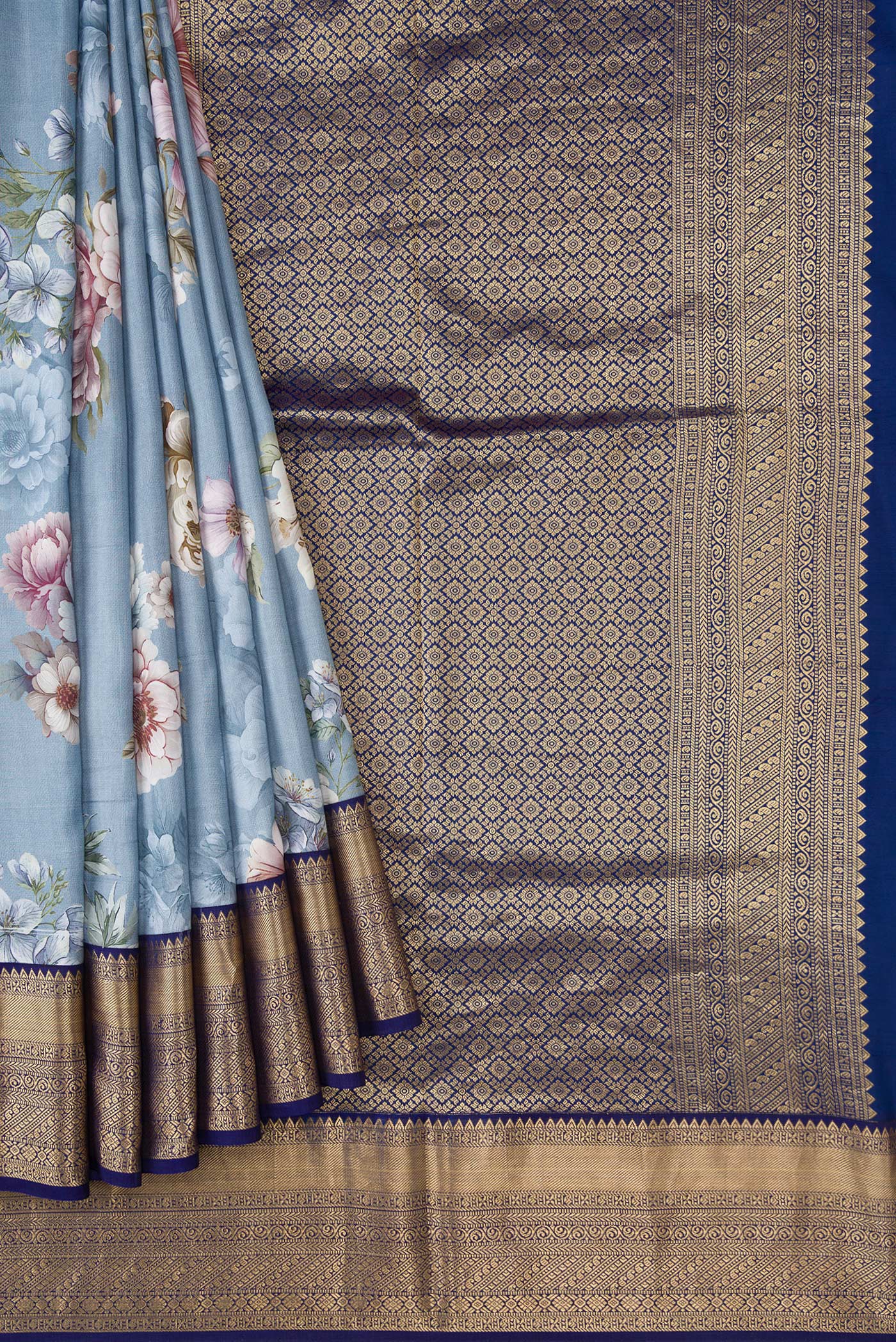 Blue Grey Kanchipuram Silk Saree - Image 4