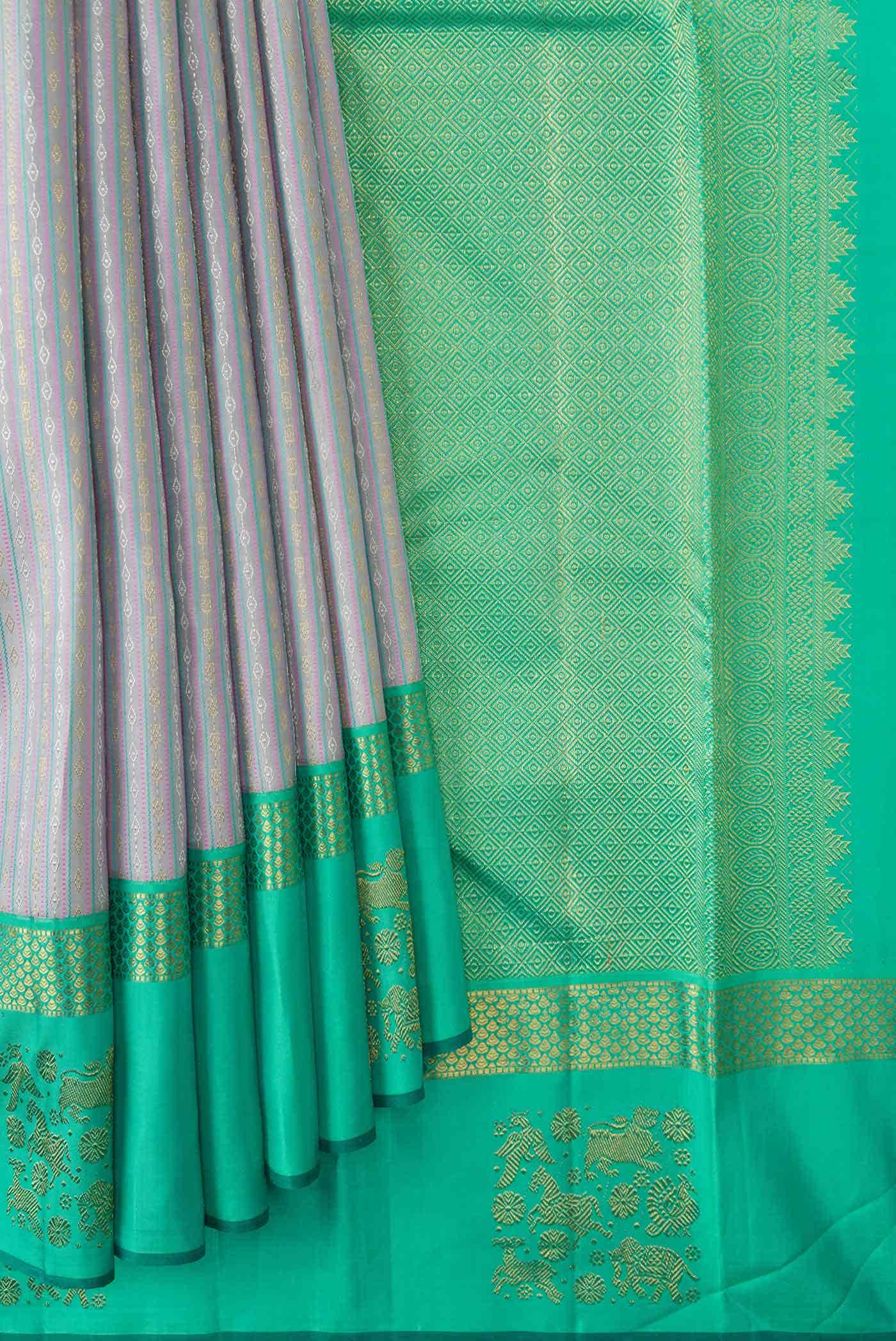 Pure Silk Pure Zari Grey Dual Tone Kanjivaram Saree - Image 2