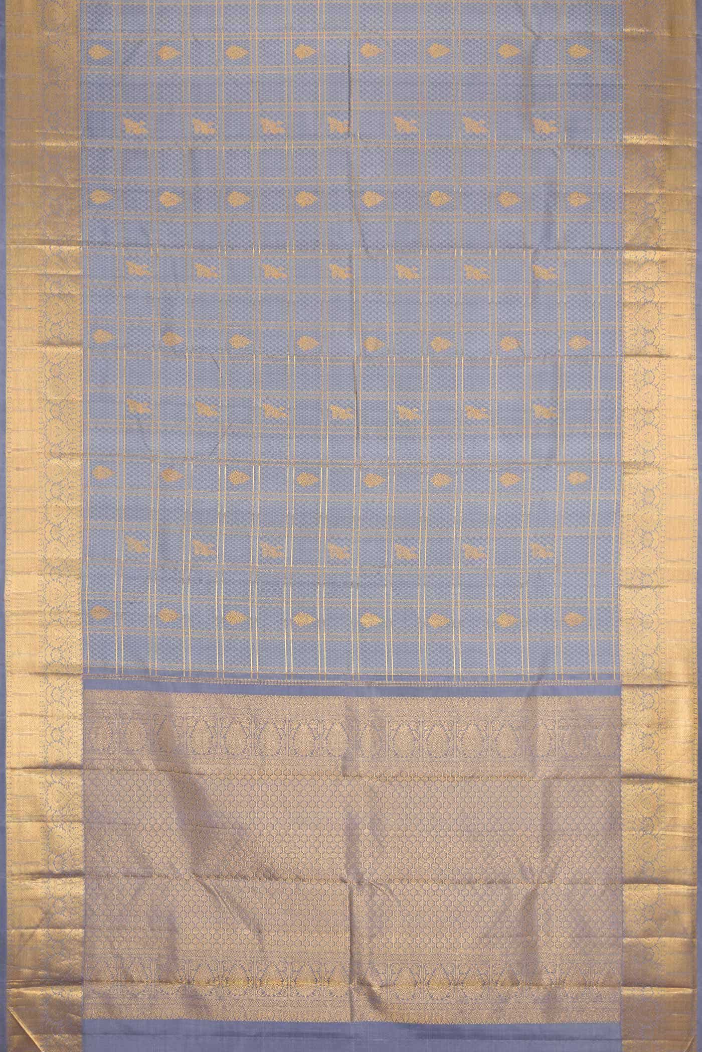 Pure Silk Pure Zari Grey Dual Tone Kanjivaram Saree - Image 4