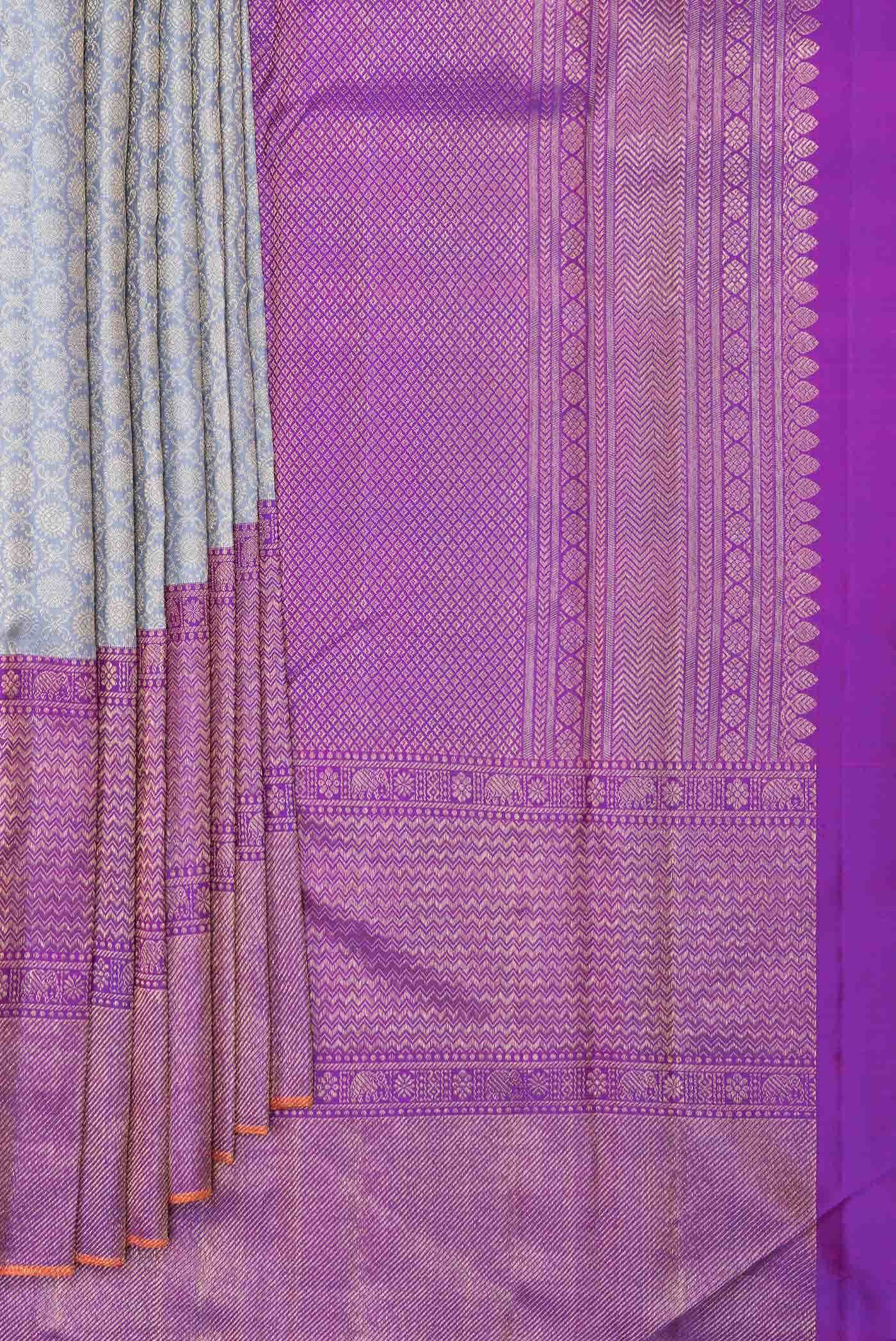 Pure Silk Pure Zari Grey Dual Tone Kanjivaram Saree - Image 2