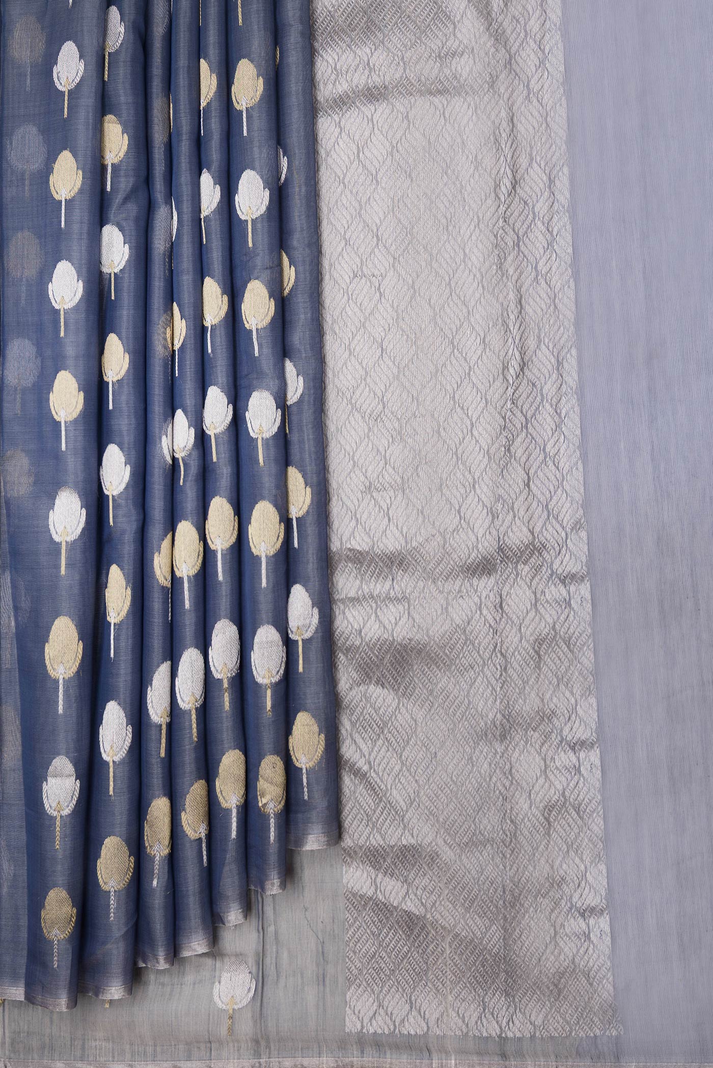 Blue Grey Dual Tone Chanderi Tissue Silk Saree - Image 4